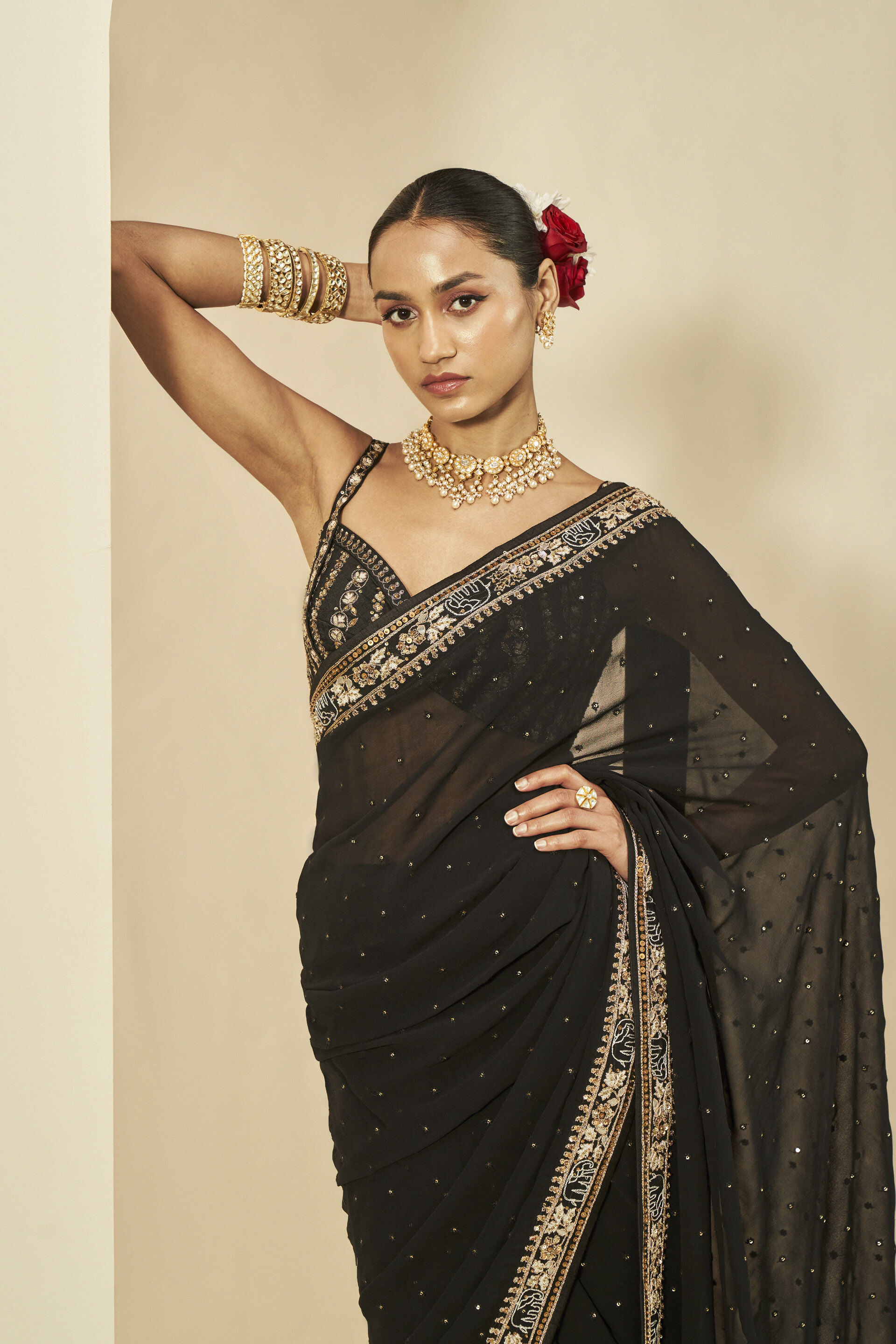 Vanani Embroidered Gota Patti Saree- Black, Black, image 4