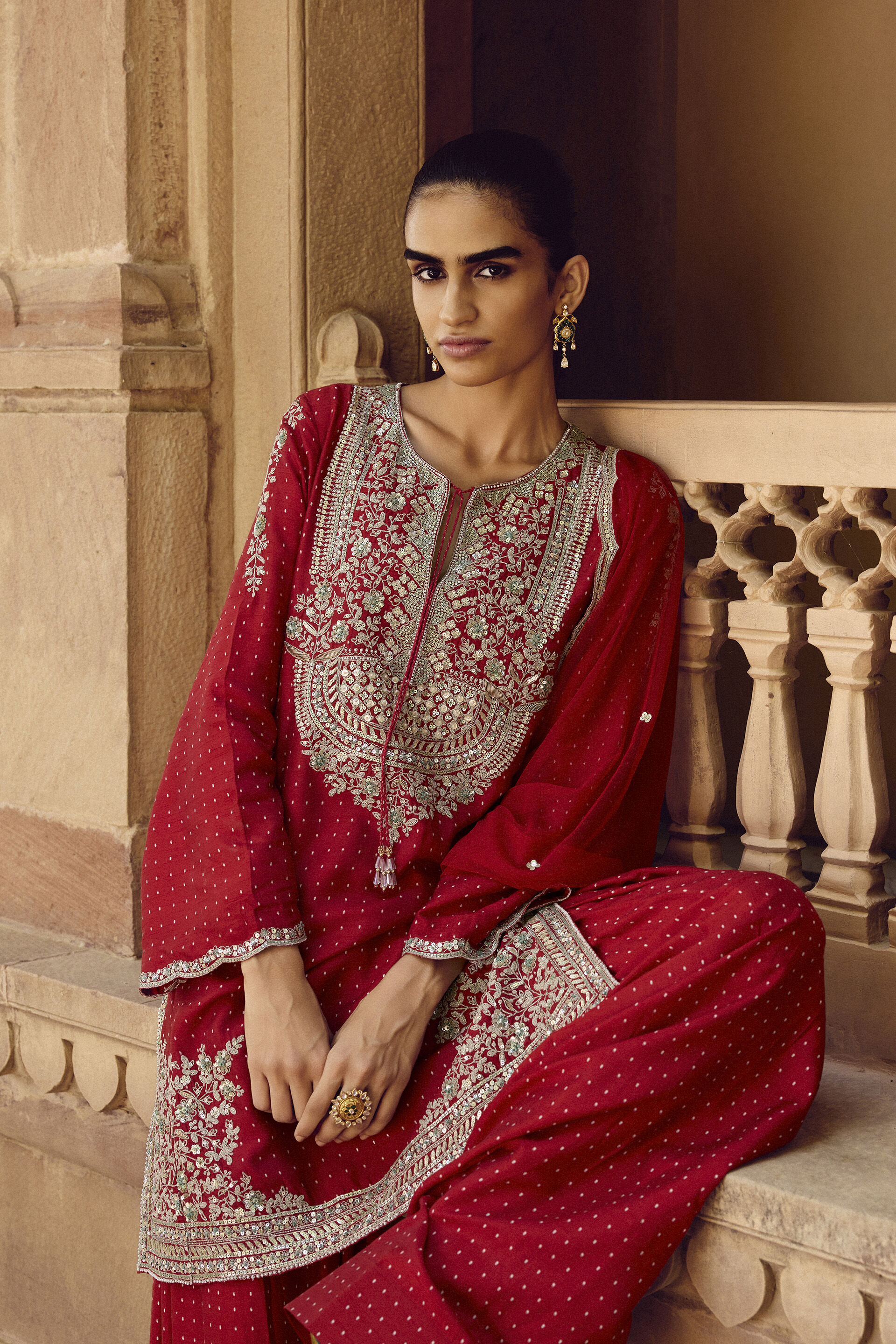 Sindhura Embroidered Silk Short Suit Set - Red, Red, image 4