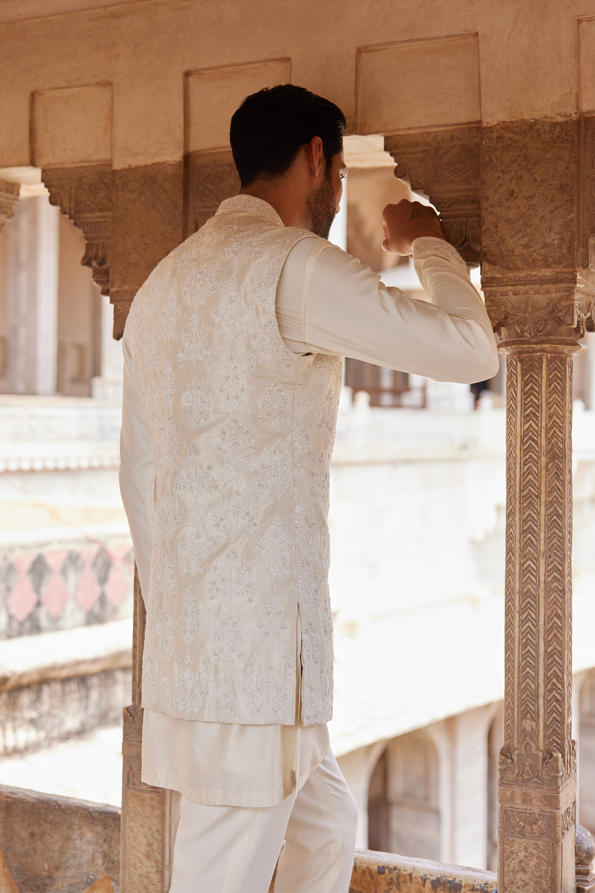 Palaksh Hand-embroidered Silk Nehru Jacket - Ivory, Ivory, image 3