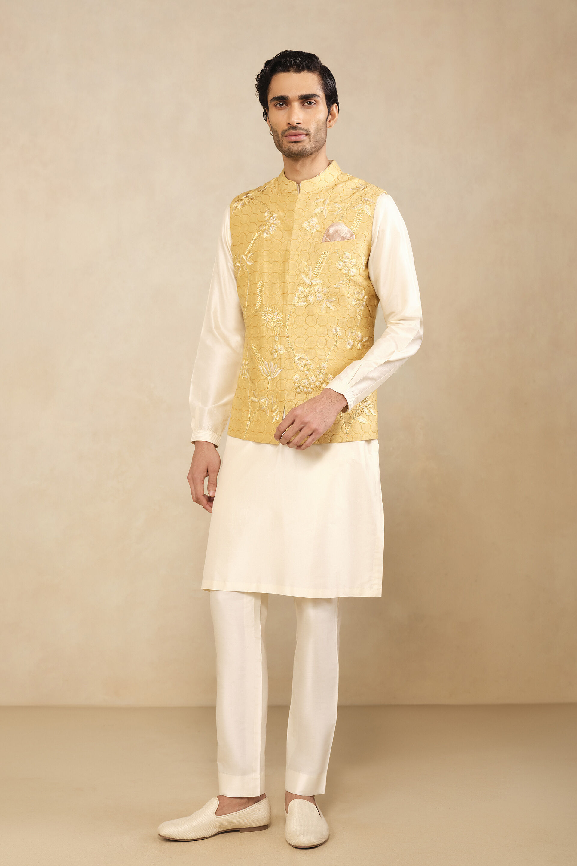 Omar Embroidered Silk Nehru Jacket - Mustard