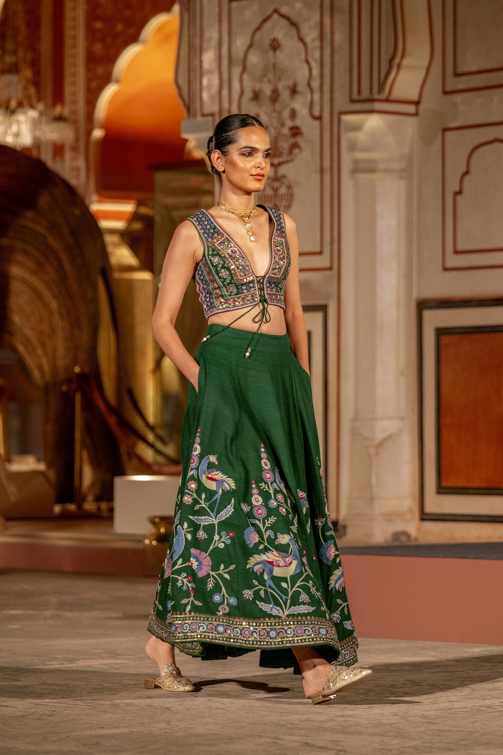 Evergreen Paradise Embroidered Zardozi Silk Skirt Set Green