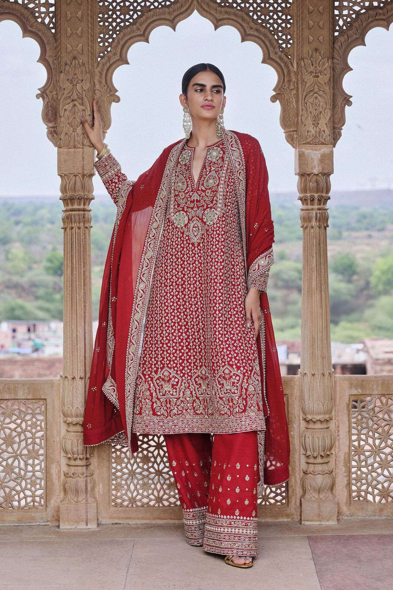 Mehkash Embroidered Cord Silk Suit Set - Red, Red, image 1