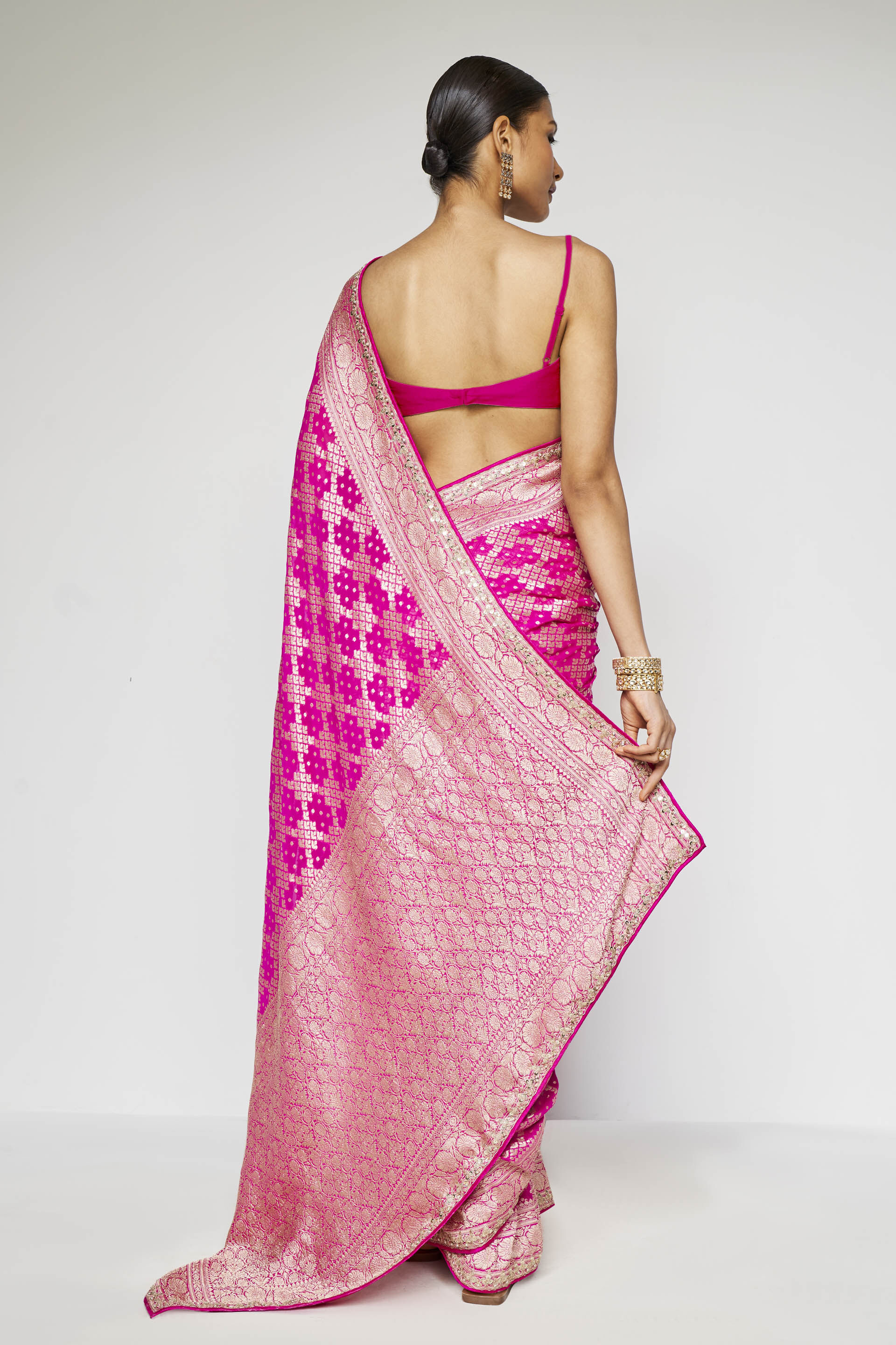 Rani Pink Floral Woven Banarasi Silk Saree With Tassels