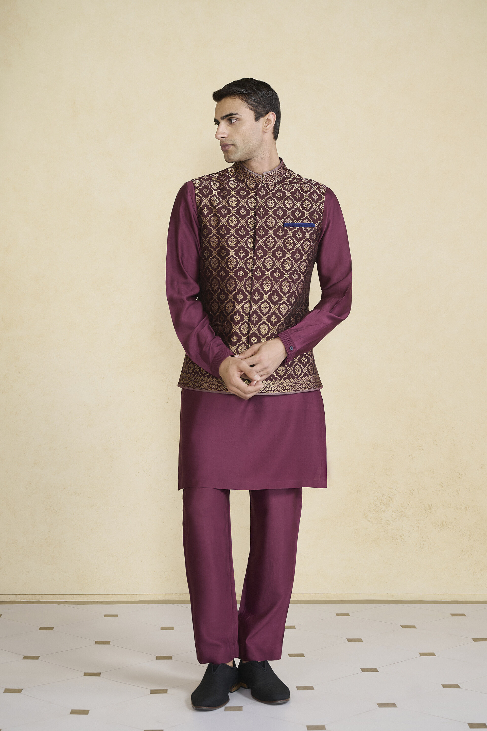 Davin Handwoven Benarasi Nehru Jacket Plum
