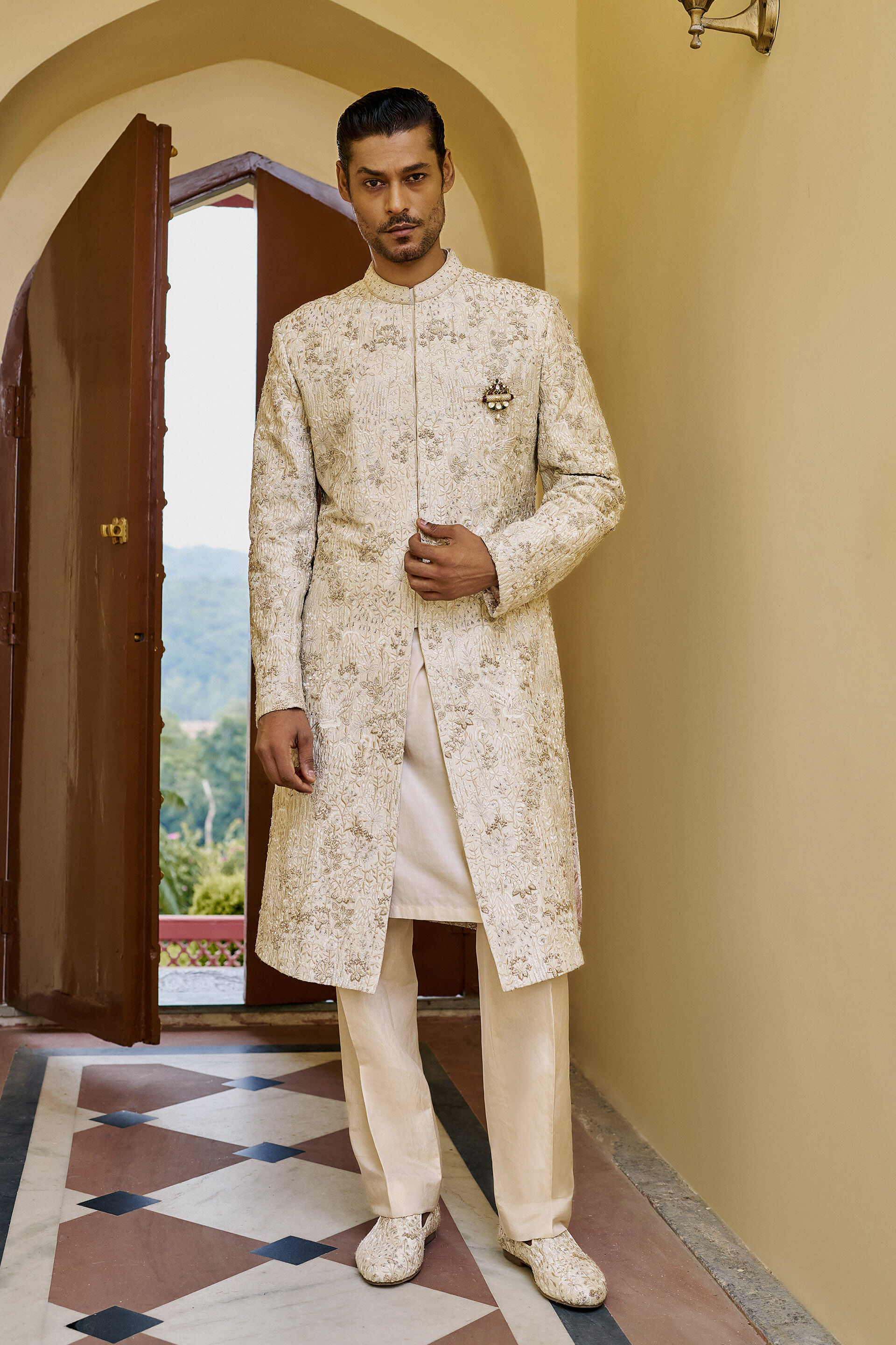 Shahzain Embroidered Silk Sherwani - Ivory