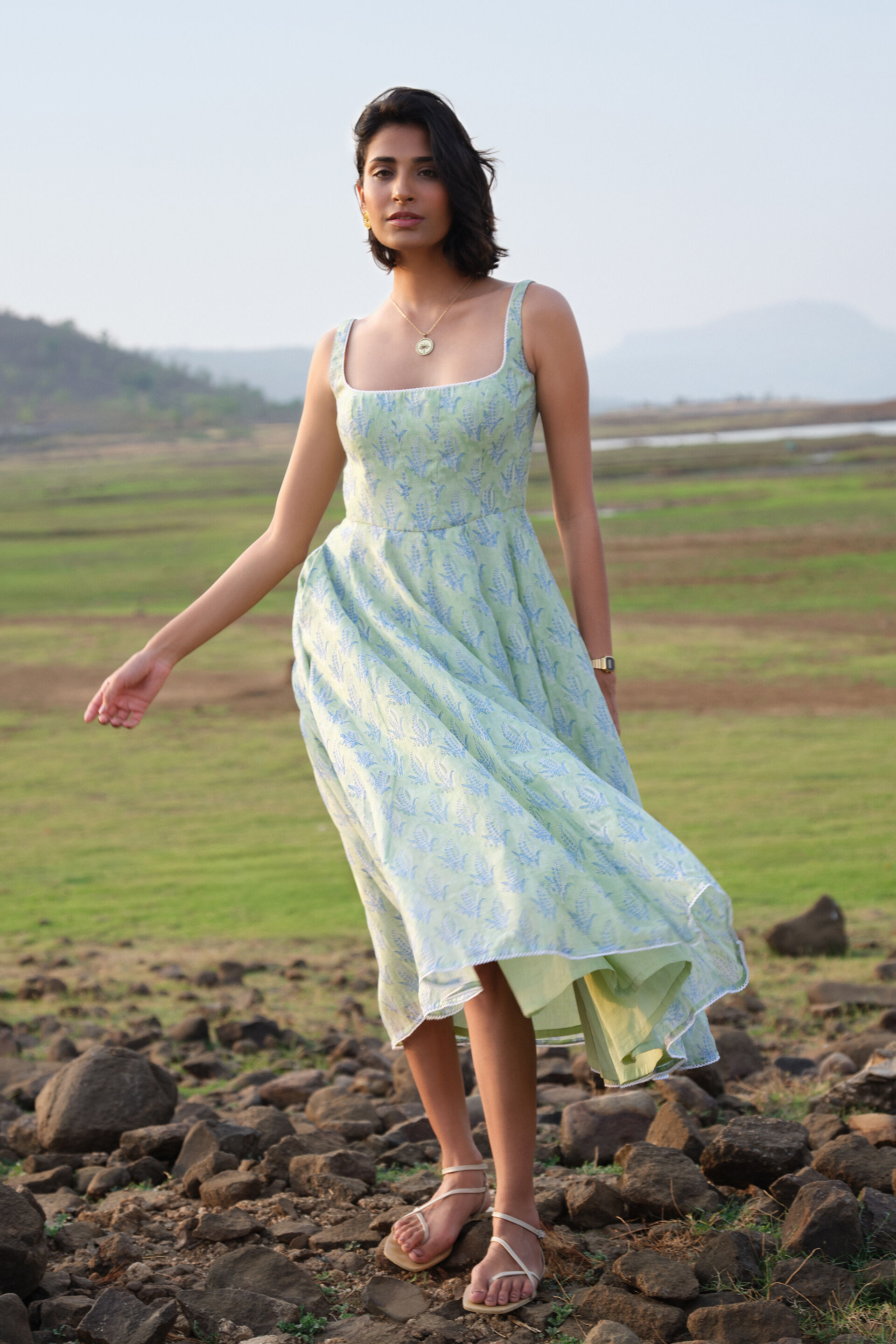 Seara Hand-block Printed Mul Dress - Sage, Sage, image 3