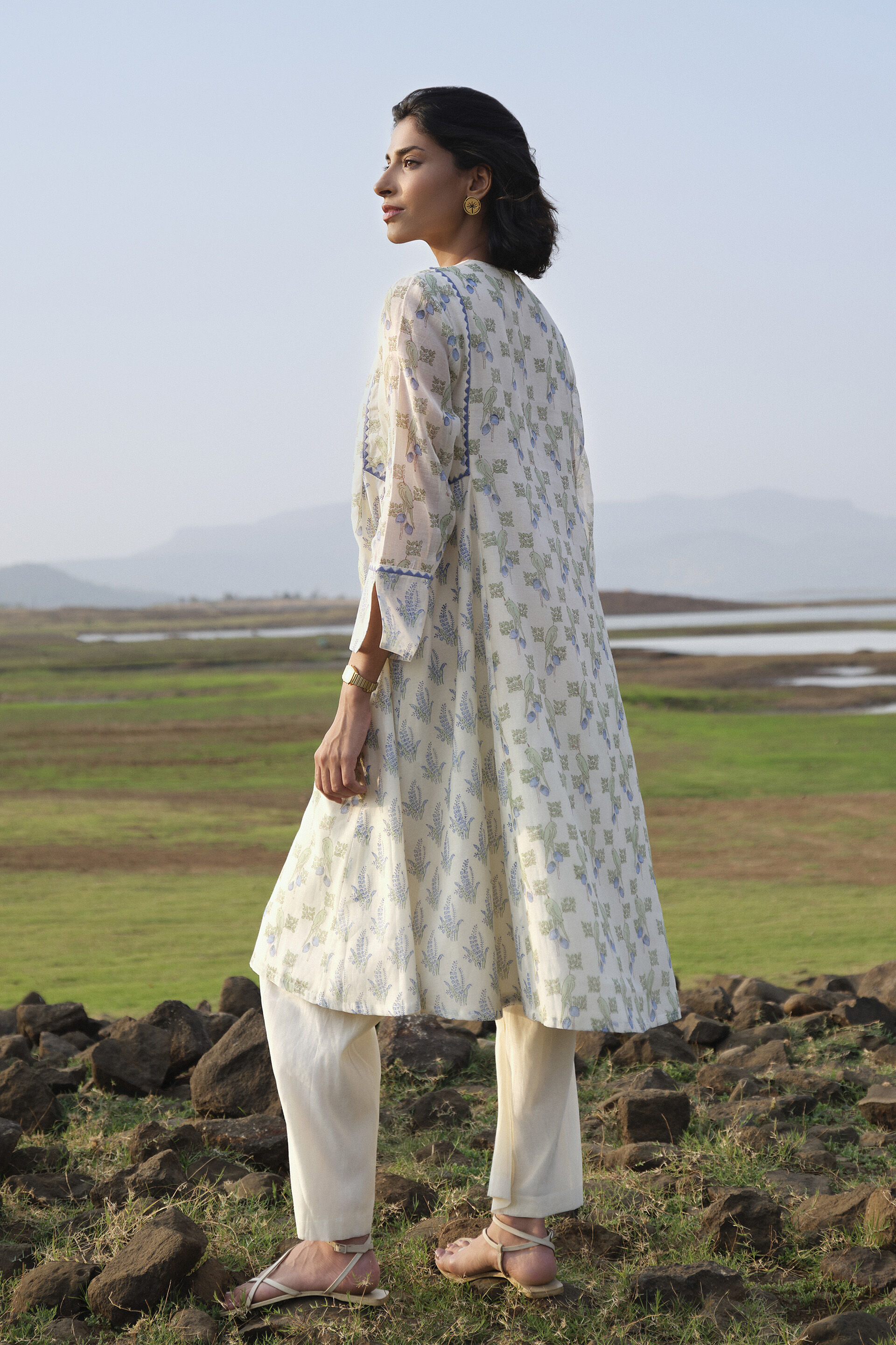 Florin Hand-block Printed Mul Kurta - White