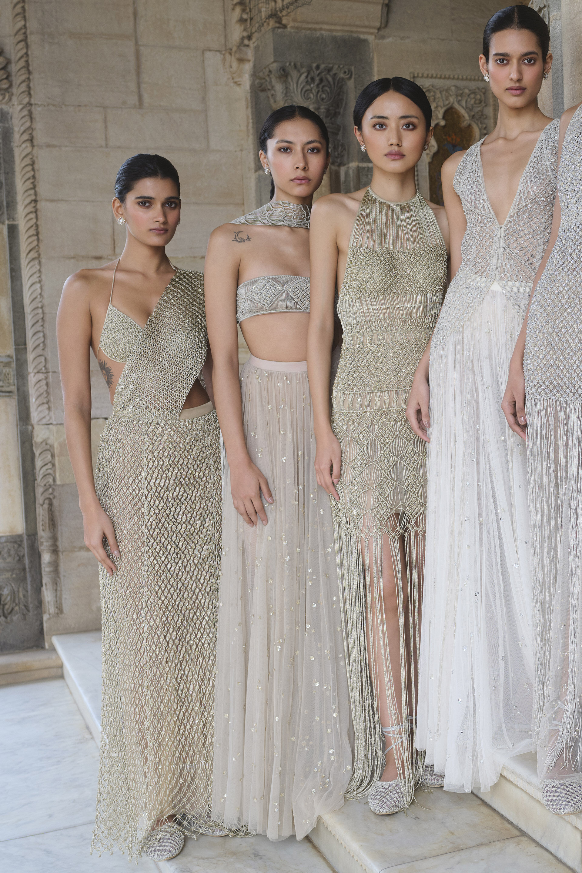 Kimbra Macrame Pre-draped Saree - Gold, Gold, image 3