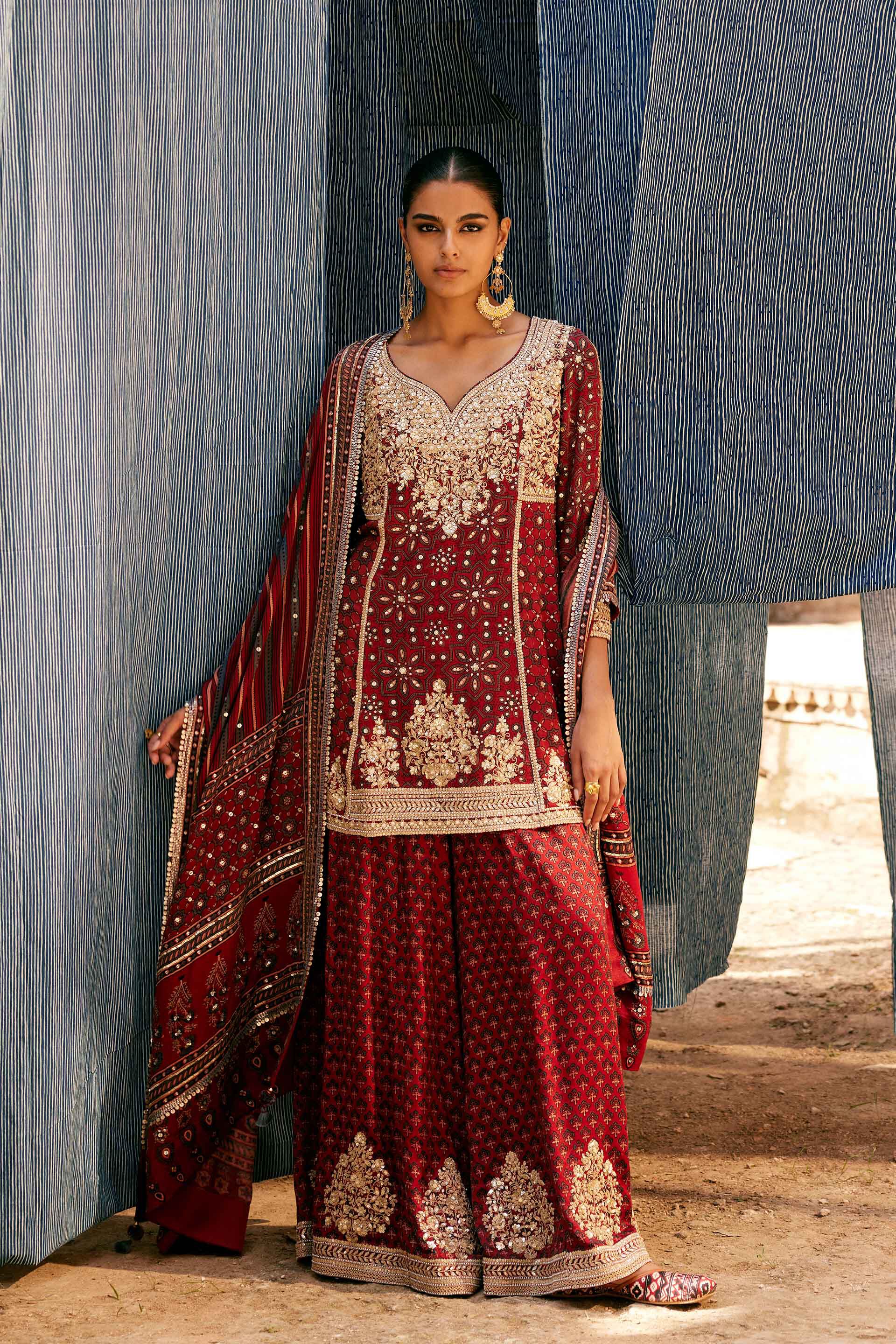Kirsa Ajrakh Hand-block Printed Silk Sharara Set - Red