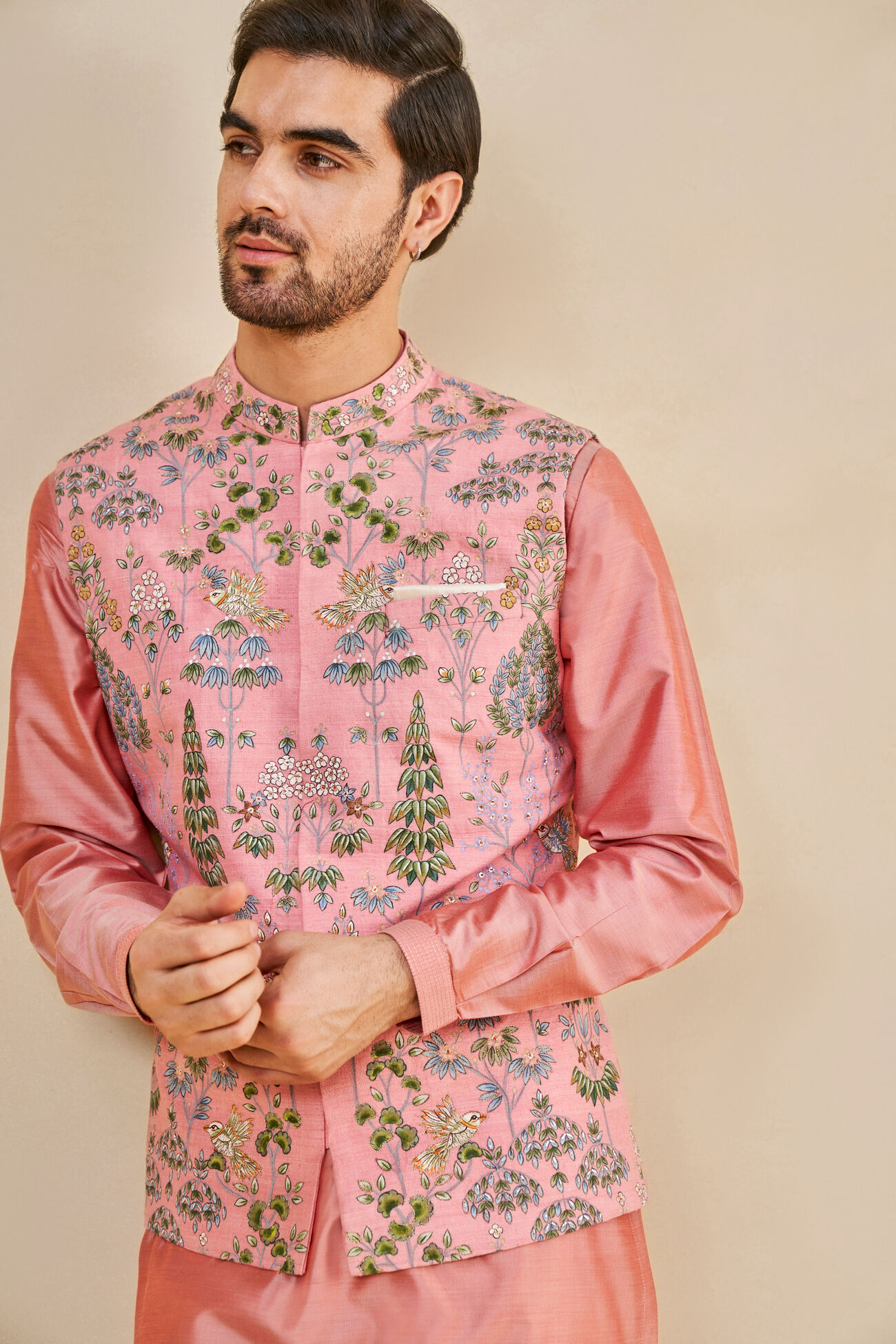 Nalesh Hand-painted Pichhwai Silk Nehru Jacket, Pink, image 8