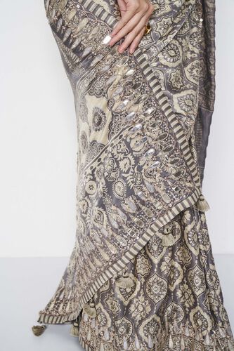 Shravani Ajrakh Hand-block Printed Silk Saree - Grey, Grey, image 8