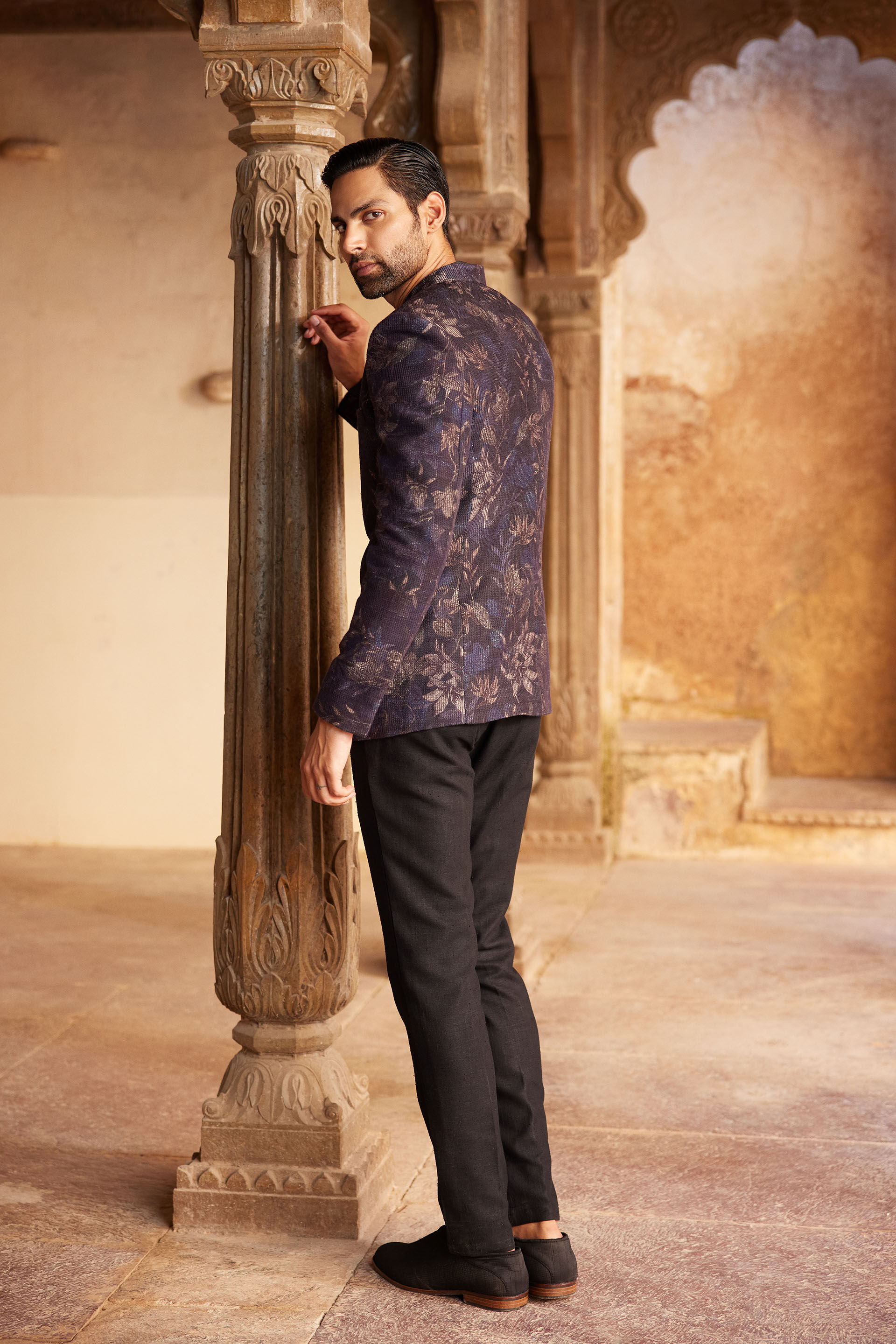 Rahin Printed Silk Bandhgala - Navy