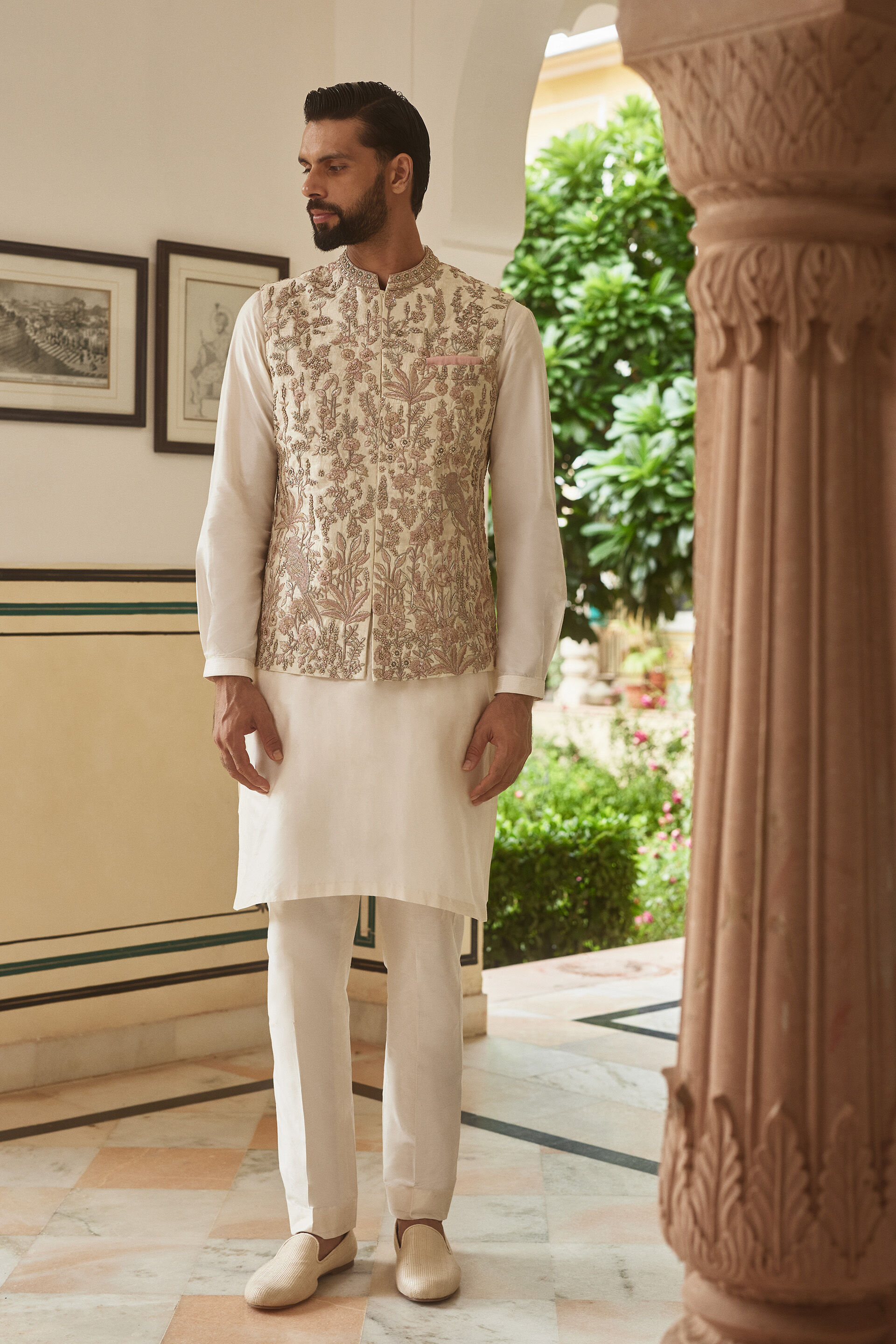 Ishir Embroidered Silk Nehru Jacket - Cream