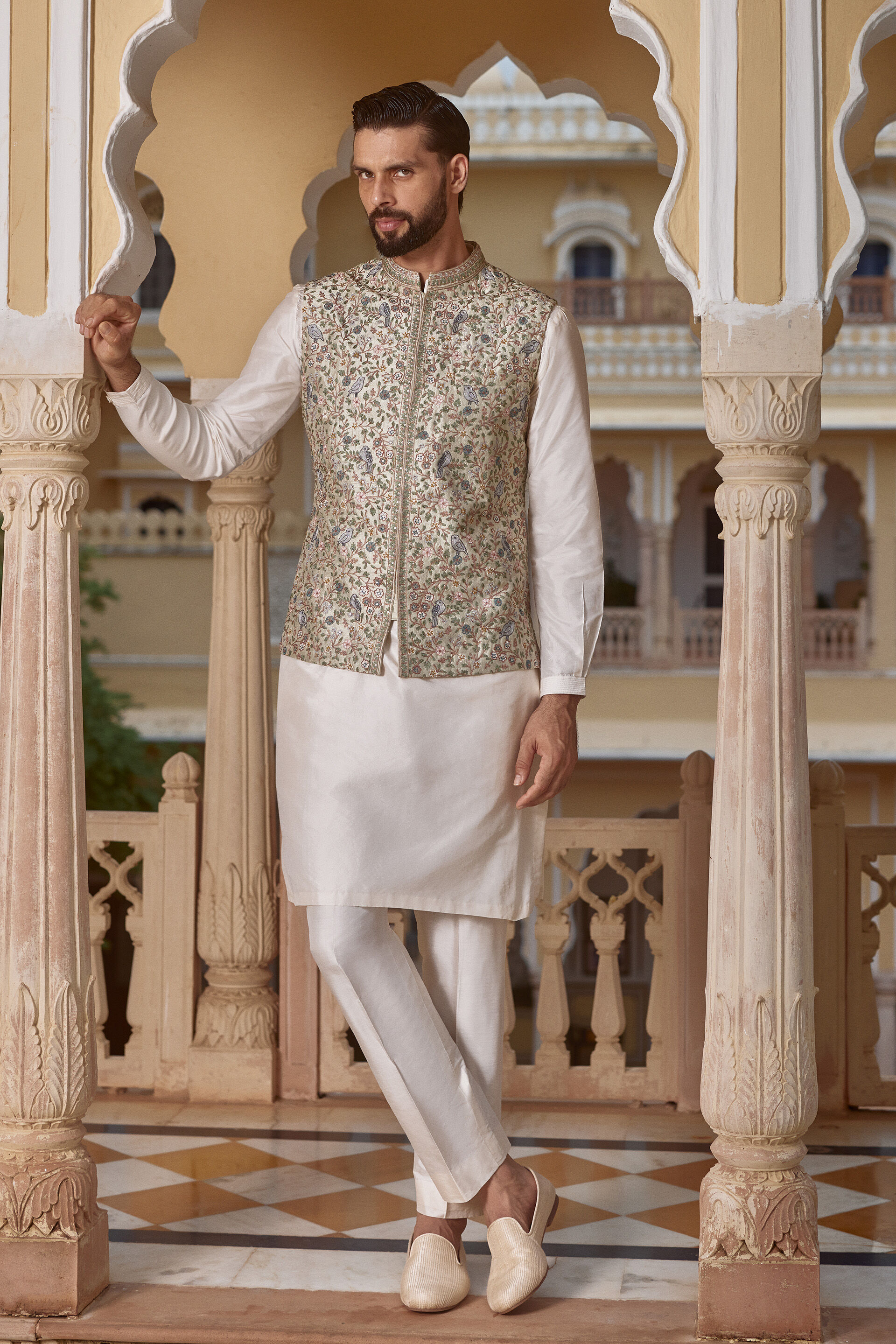 Avir Aari Embroidered Silk Nehru Jacket - Sage