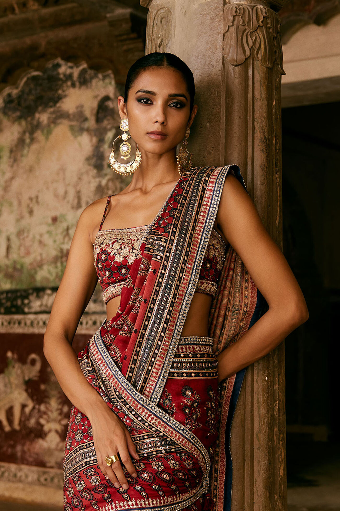 Buy Designer Saaj Ajrakh Handblock Printed Silk Choli Red Online