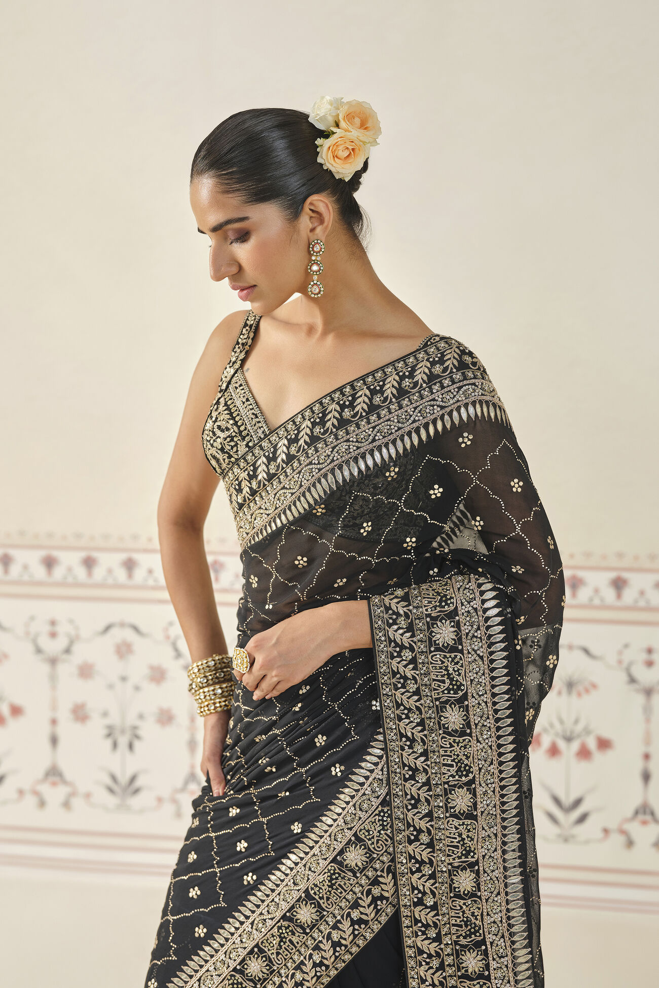 Anushna Handcrafted Badla Georgette Saree, Black, image 4