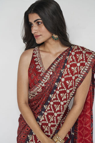 Bhoomija Ajrakh Hand-block Printed Silk Saree - Red, Red, image 6