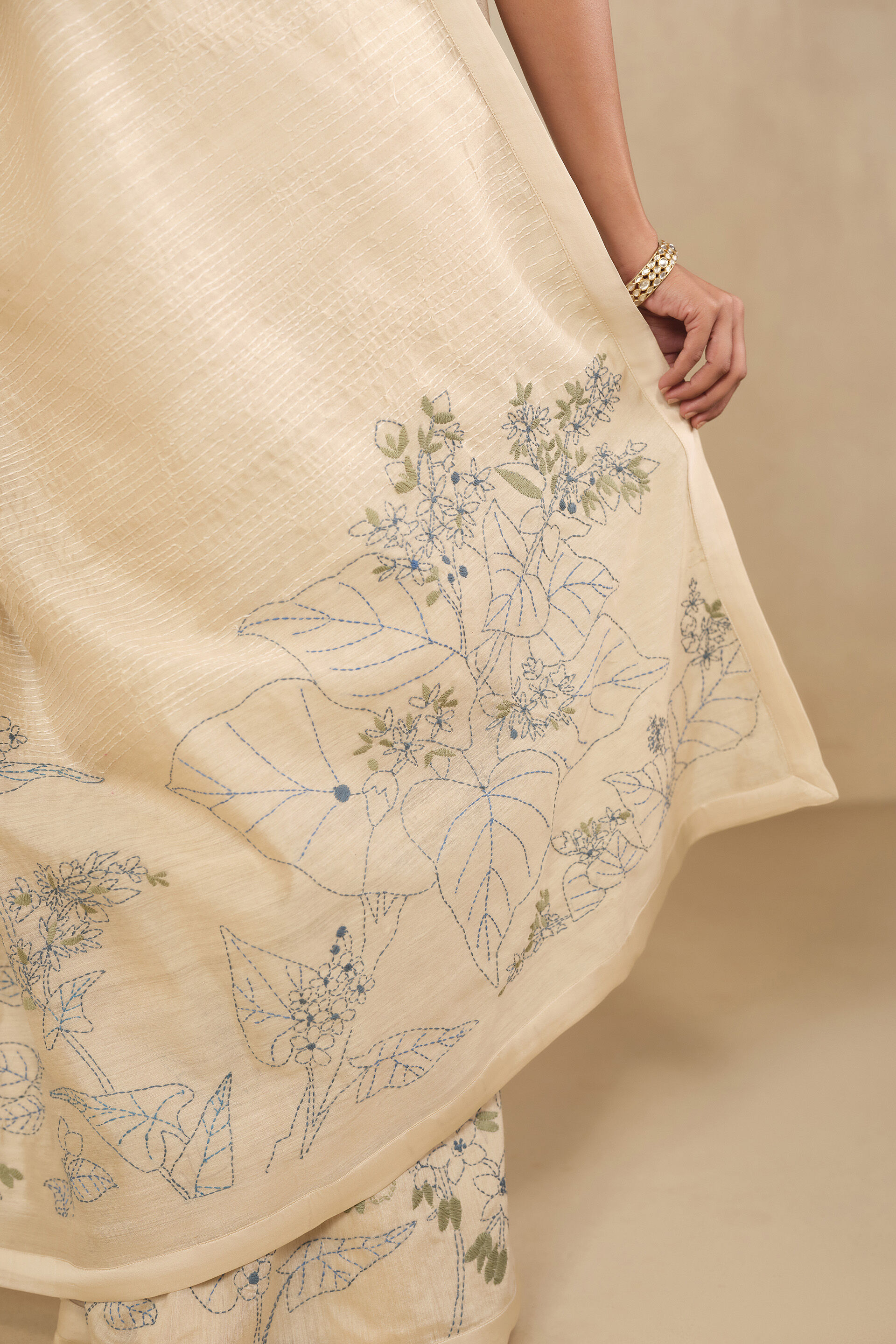 Haiku Hand-embroidered Kantha Silk Saree - Beige, Beige, image 5