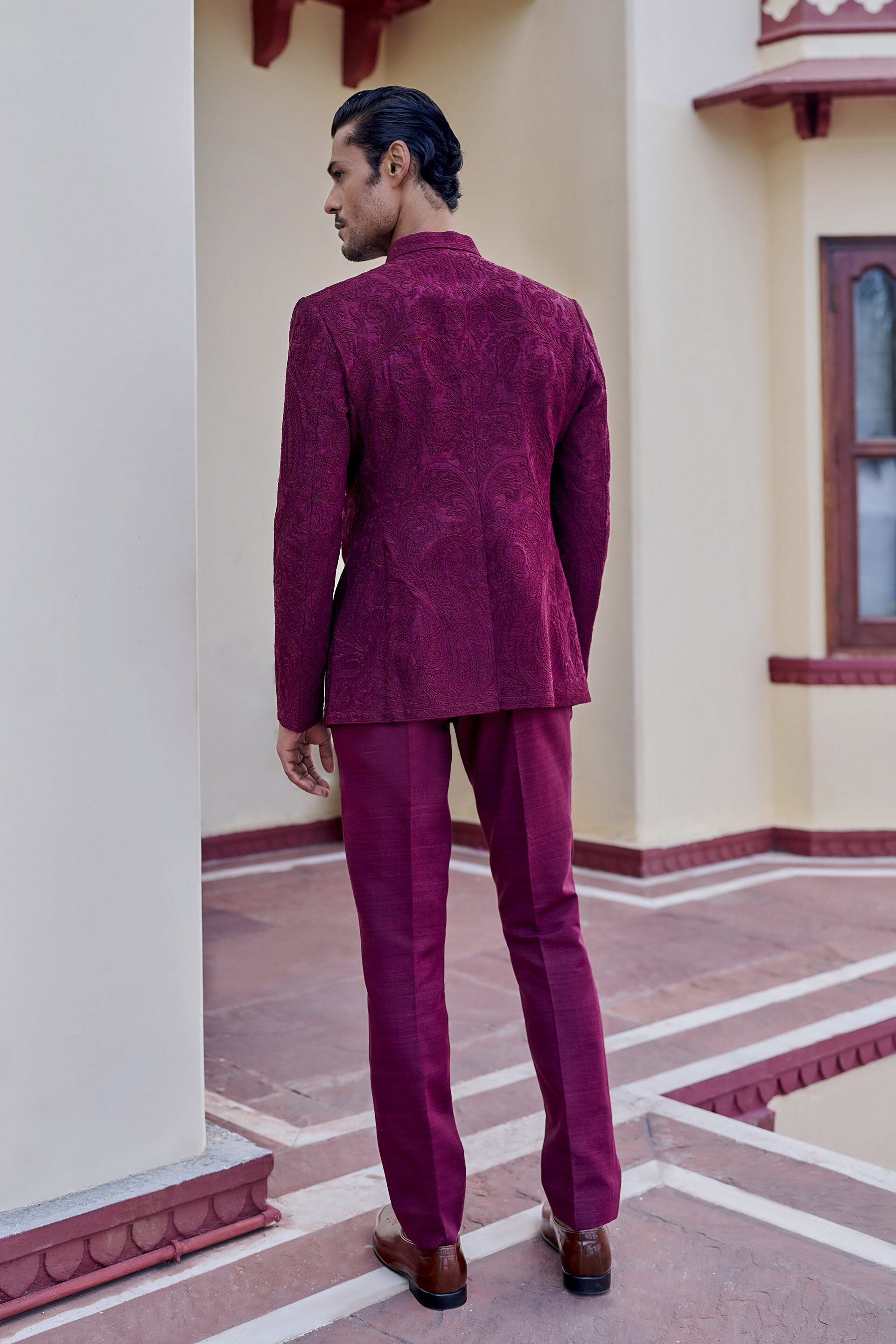 Heartfelt Embroidered Cord Silk Bandhgala - Wine
