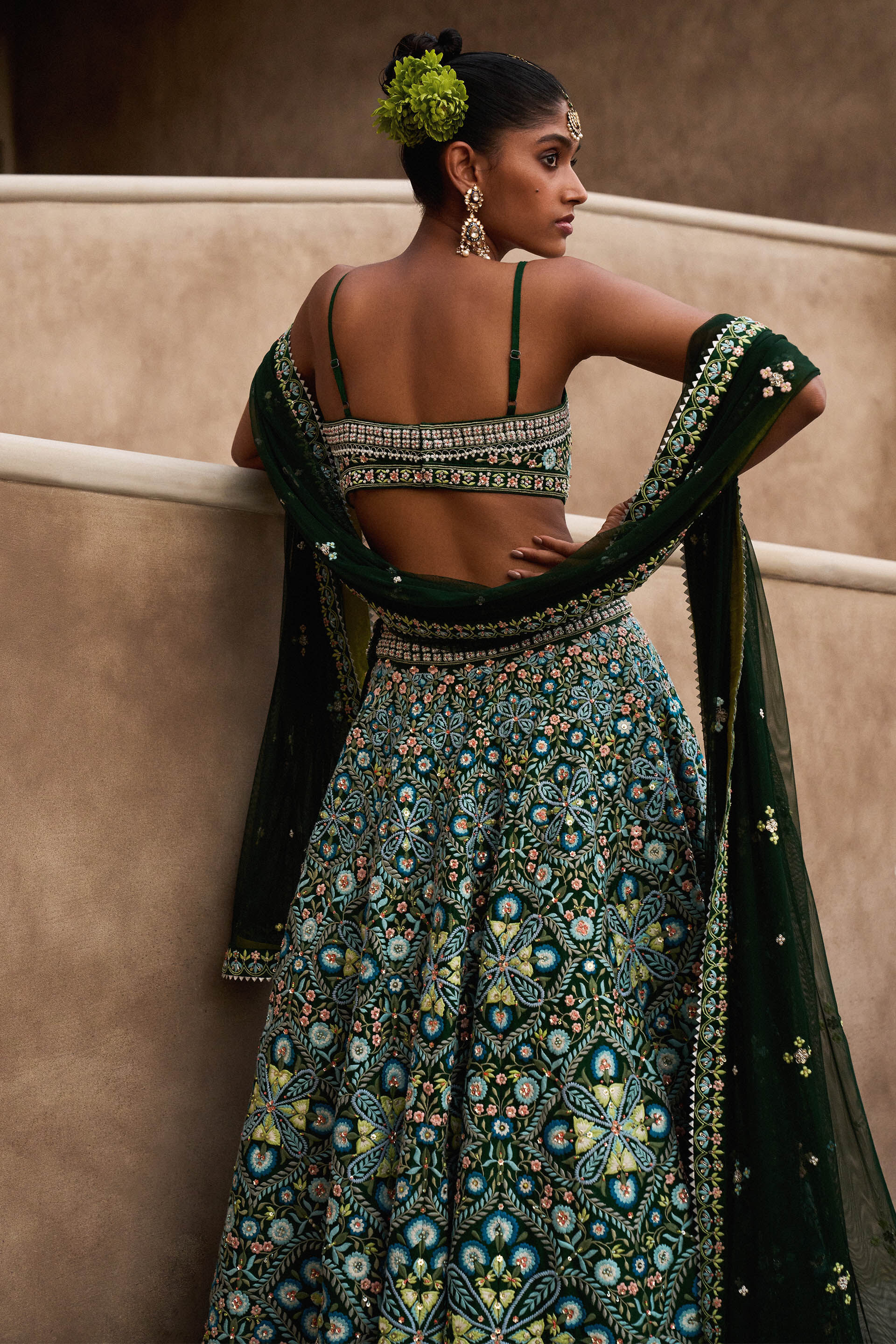 Rent Dark Green and Golden Lehenga Choli | GlamouRental