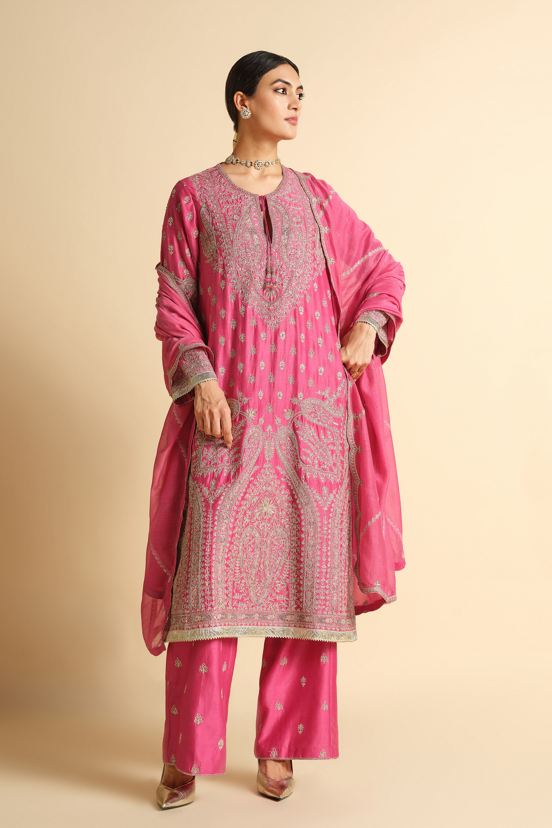 Mrinalika Embroidered Silk Suit Set - Pink