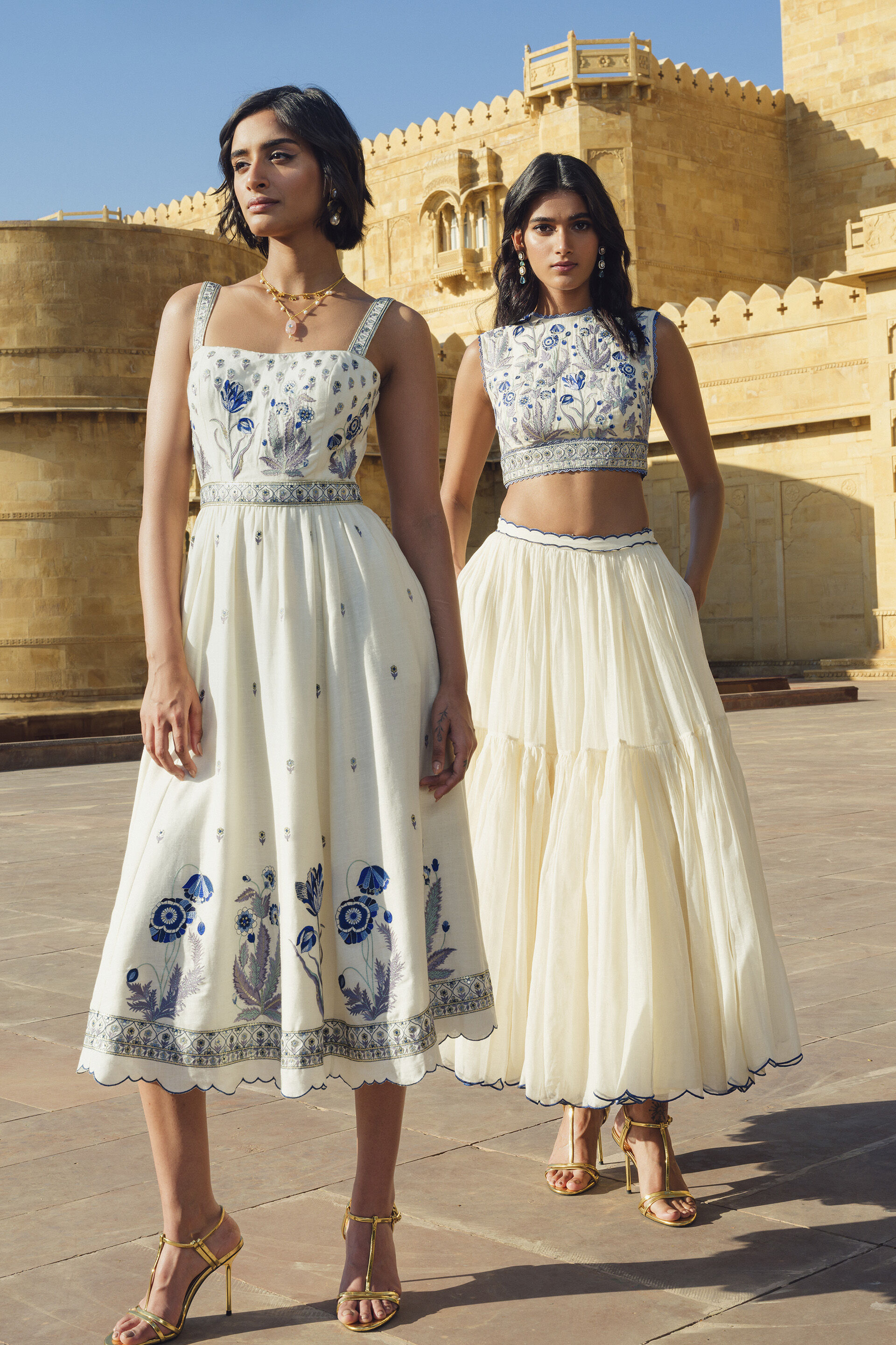 Emalia Embroidered Mul Skirt Set - Natural, White, image 5