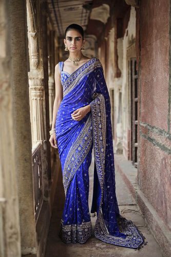 Anushna Handcrafted Badla Georgette Saree, Blue, image 1