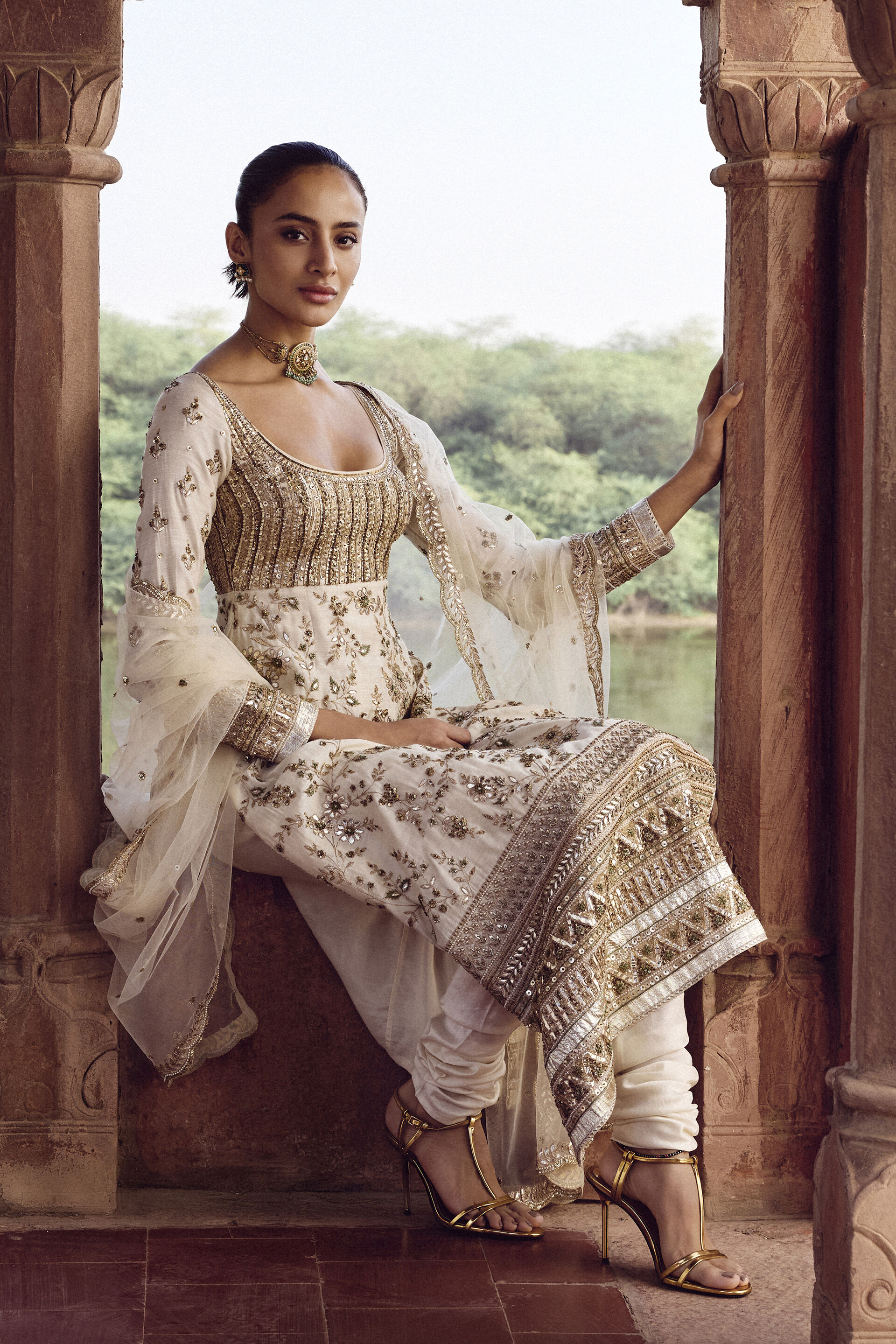 Danayita Gota Patti Silk Suit Set - Ivory, Ivory, image 4