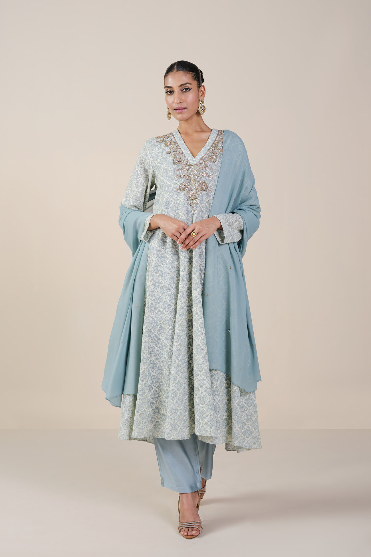 Josika Embroidered Georgette Suit Set - Blush, Powder Blue, image 1