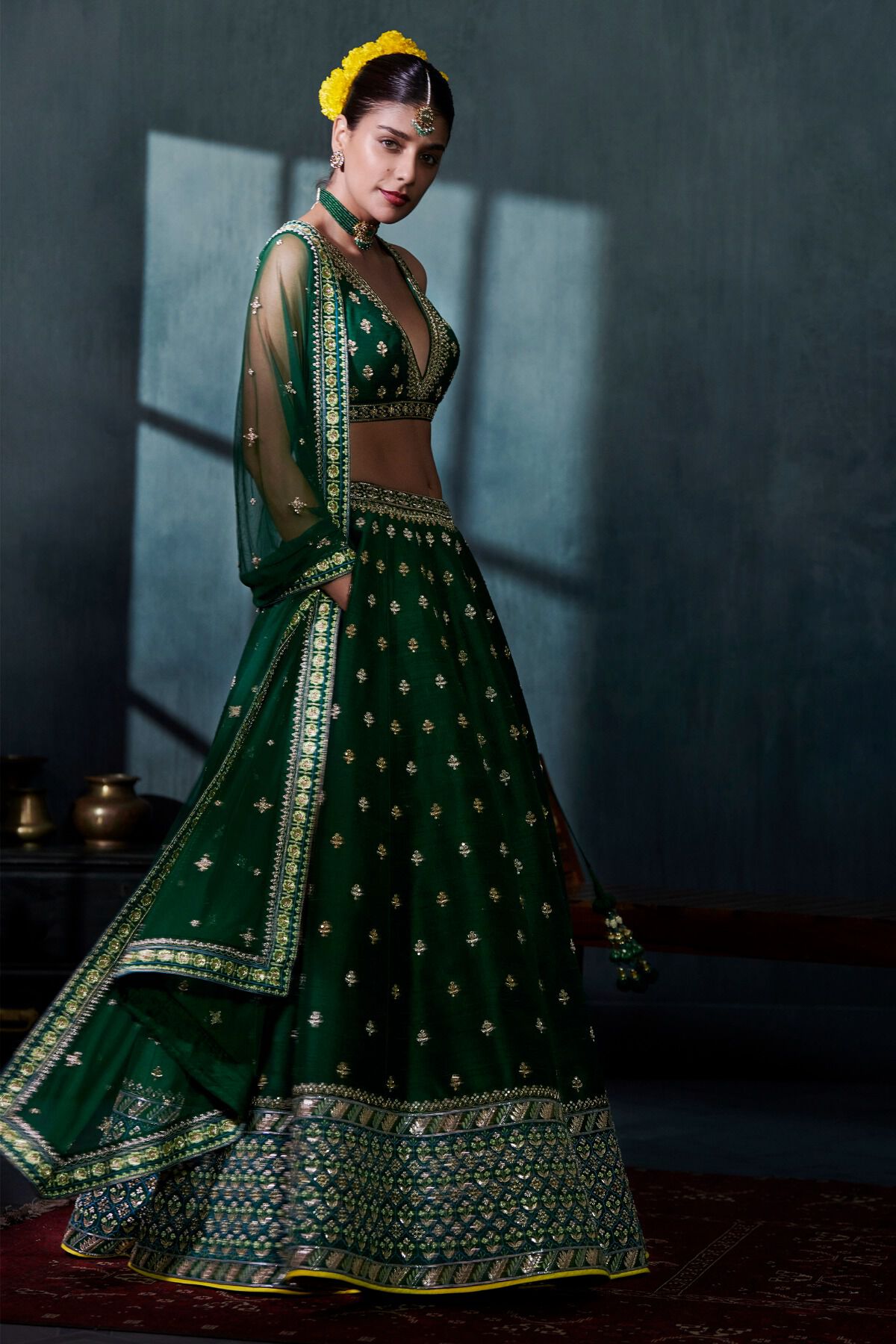 Embroidered Mehndi Dress in Dark Green Lehenga Choli Style – Nameera by  Farooq
