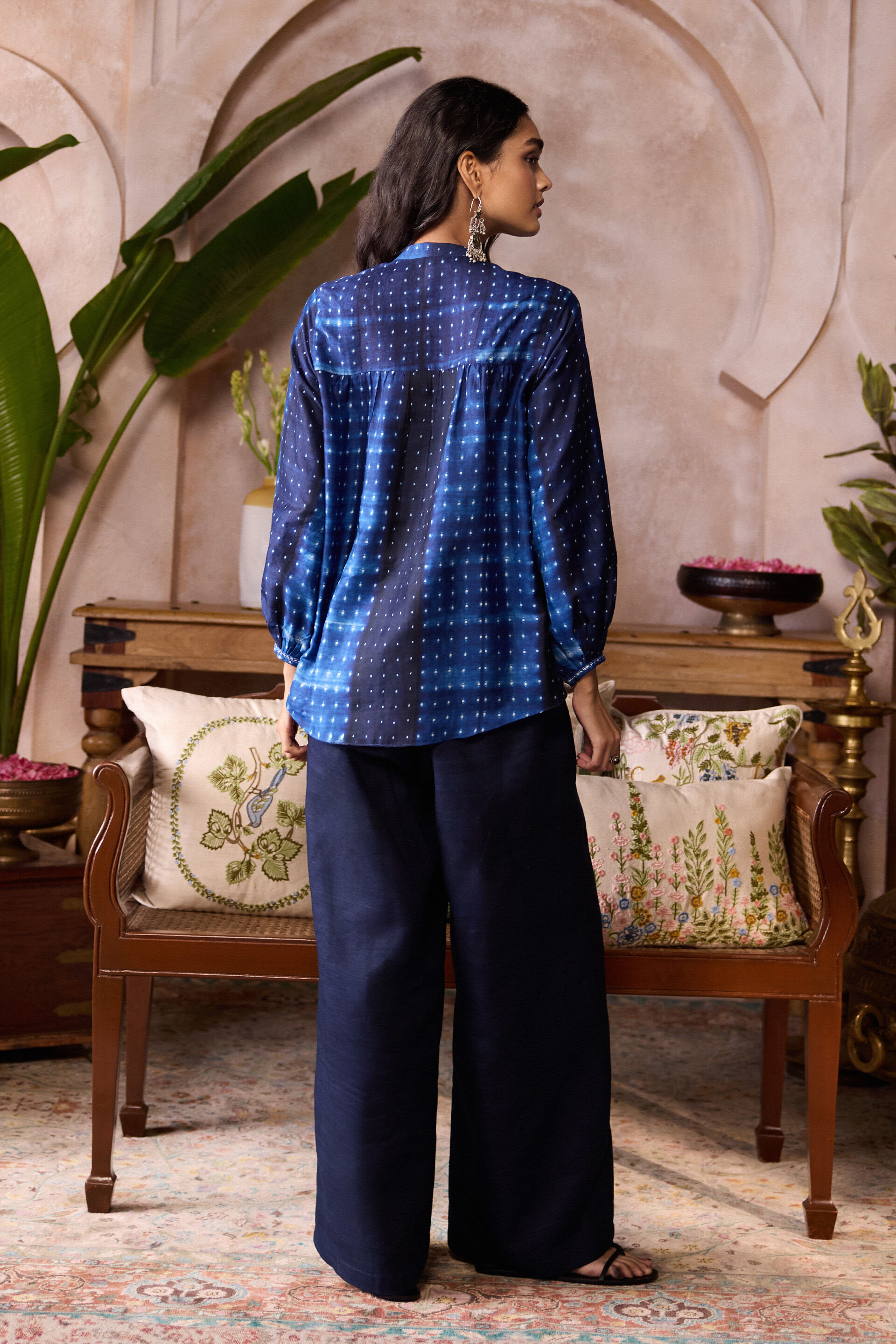 Cephas Handcrafted Shibori Silk Top - Blue