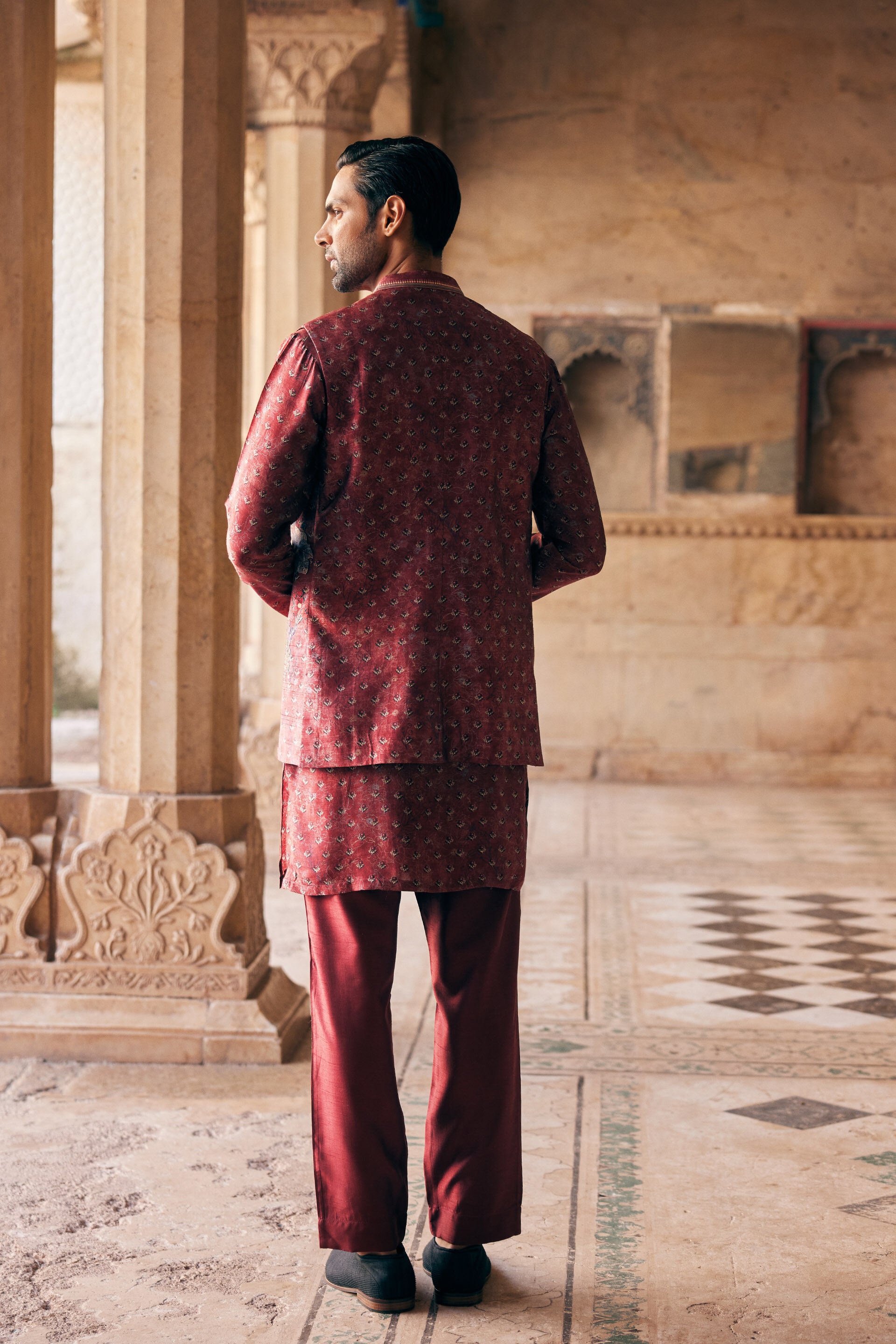 Humair Printed Silk Nehru Jacket - Maroon