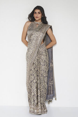 Shravani Ajrakh Hand-block Printed Silk Saree - Grey, Grey, image 3