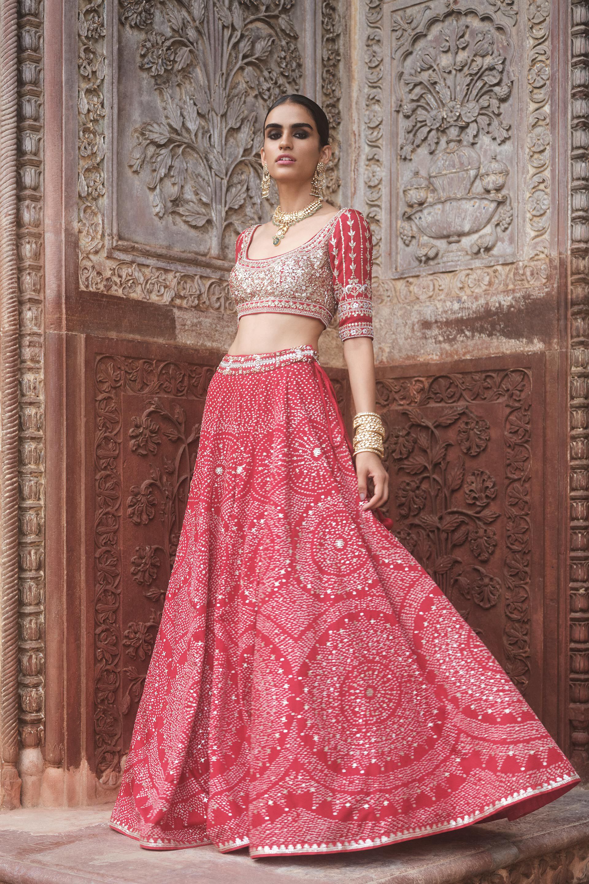 Buy Designer Raya Handcrafted Bandhani Silk Lehenga Set Red Online from Anita Dongre