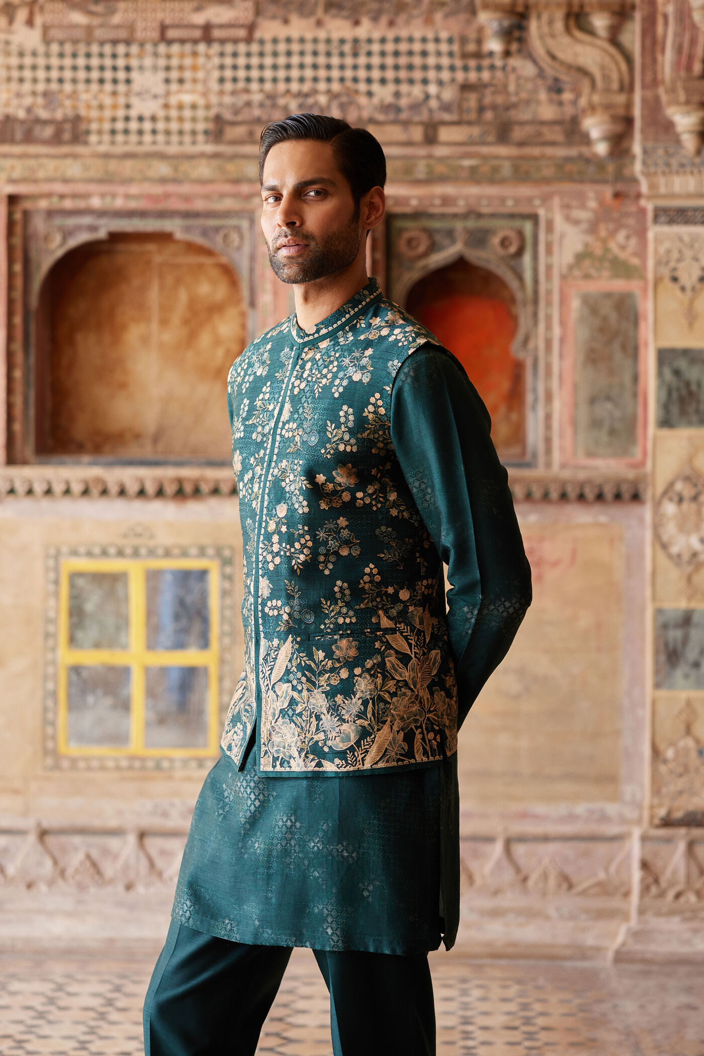 Hirav Printed Nehru Jacket - Green