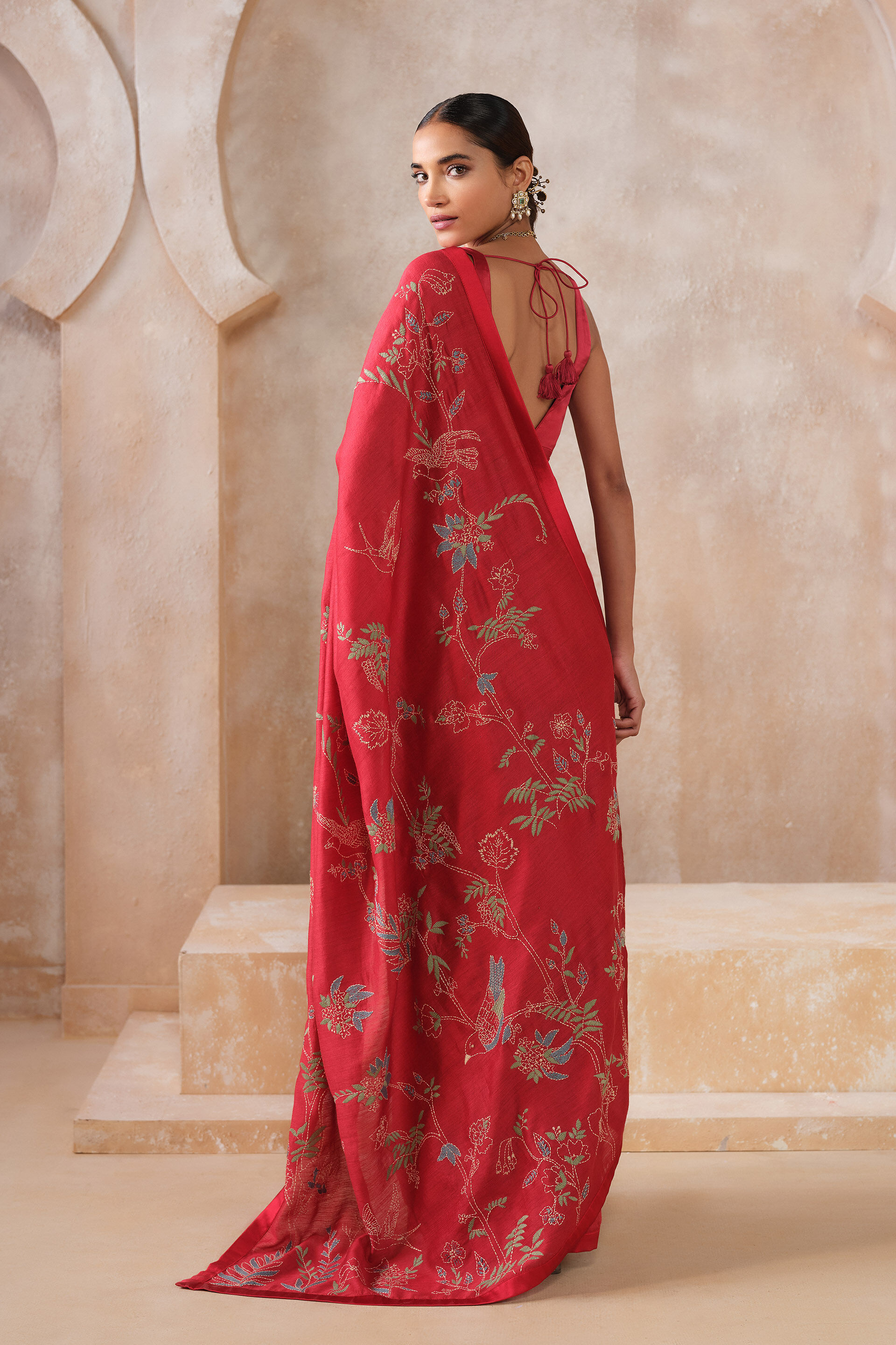 Corcoran Hand-embroidered Kantha Silk Saree - Red, Red, image 3