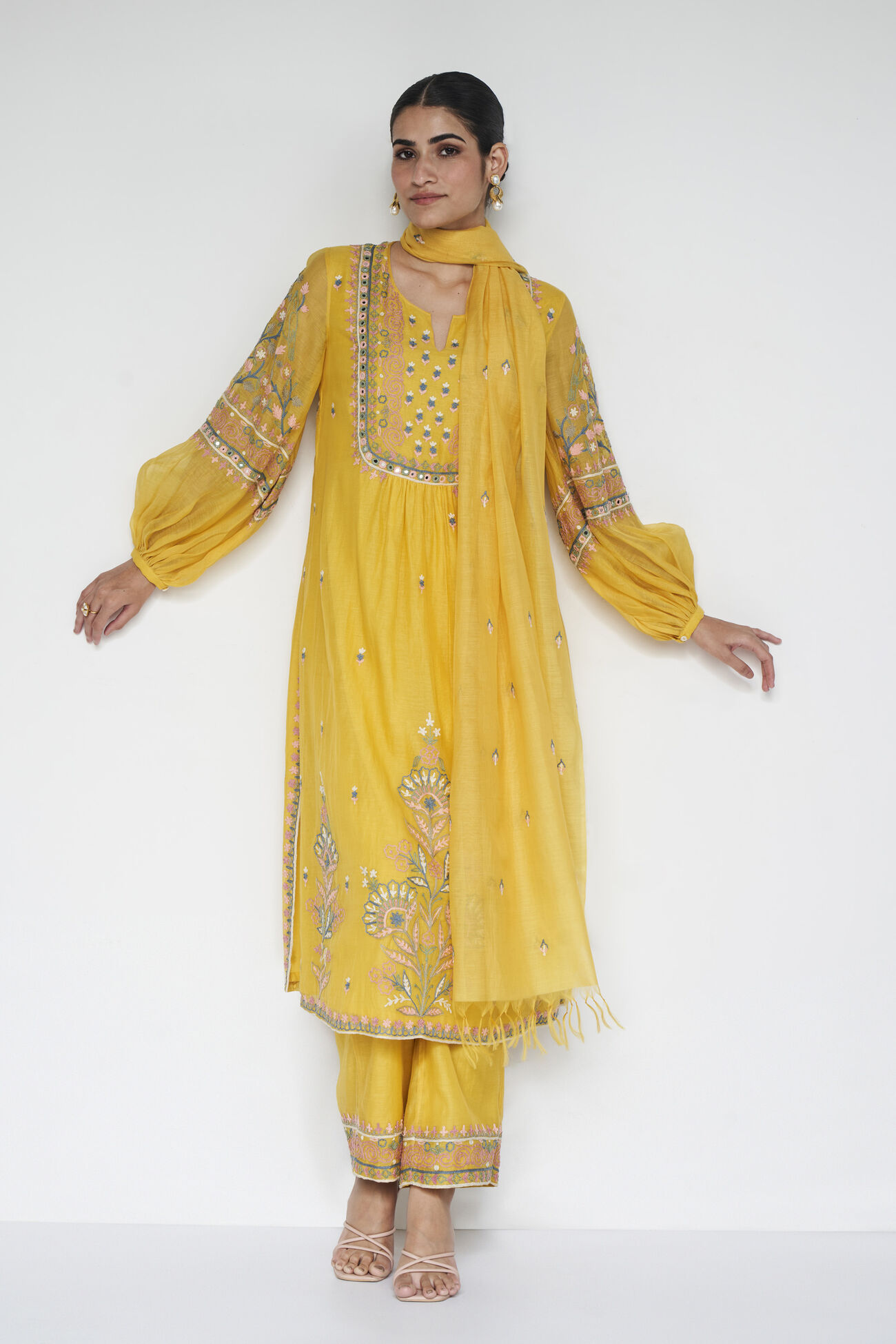 Philomel Embroidered Zardozi Silk Suit Set, Yellow, image 2