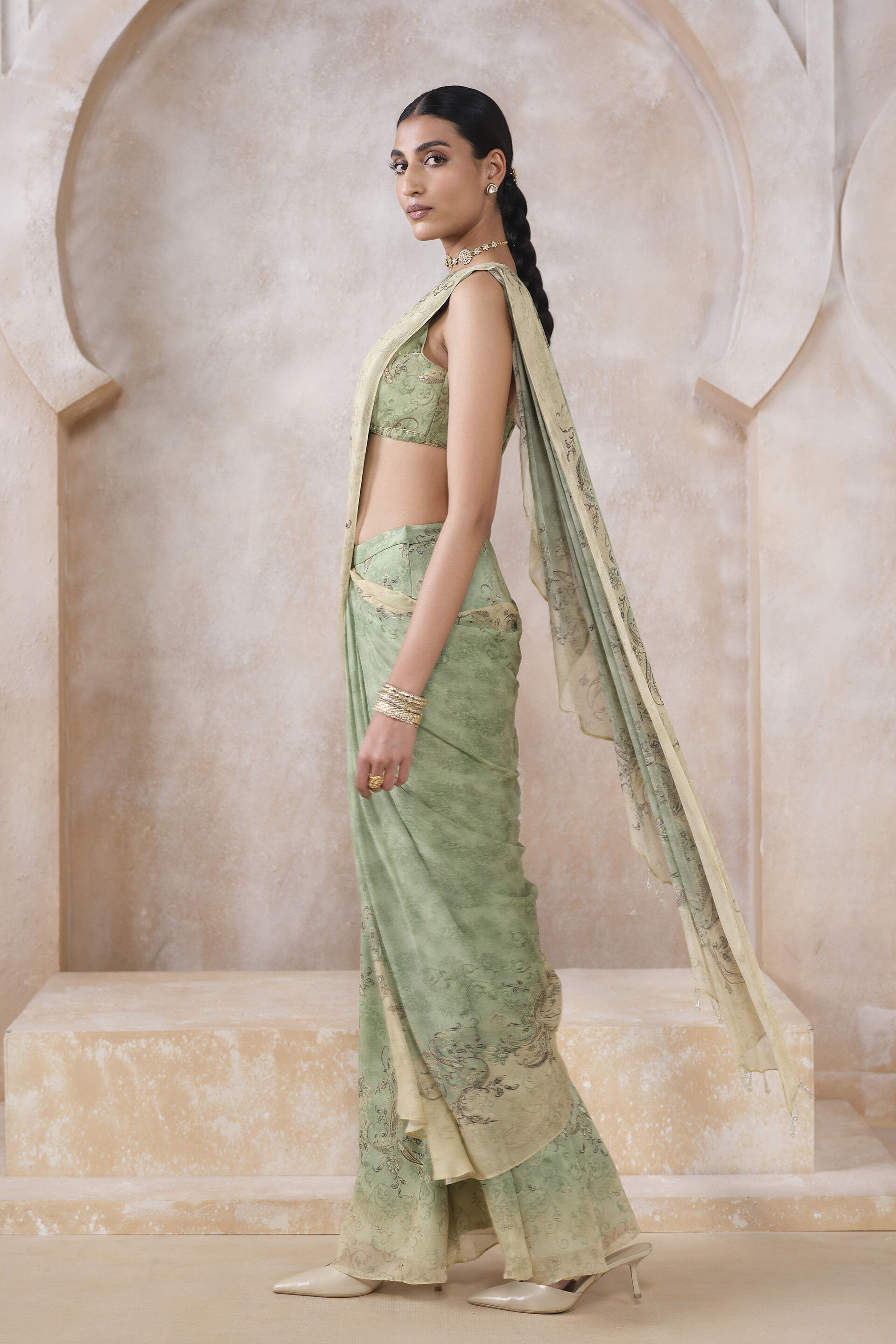 Lizbet Sequin Chiffon Pre-draped Saree - Green
