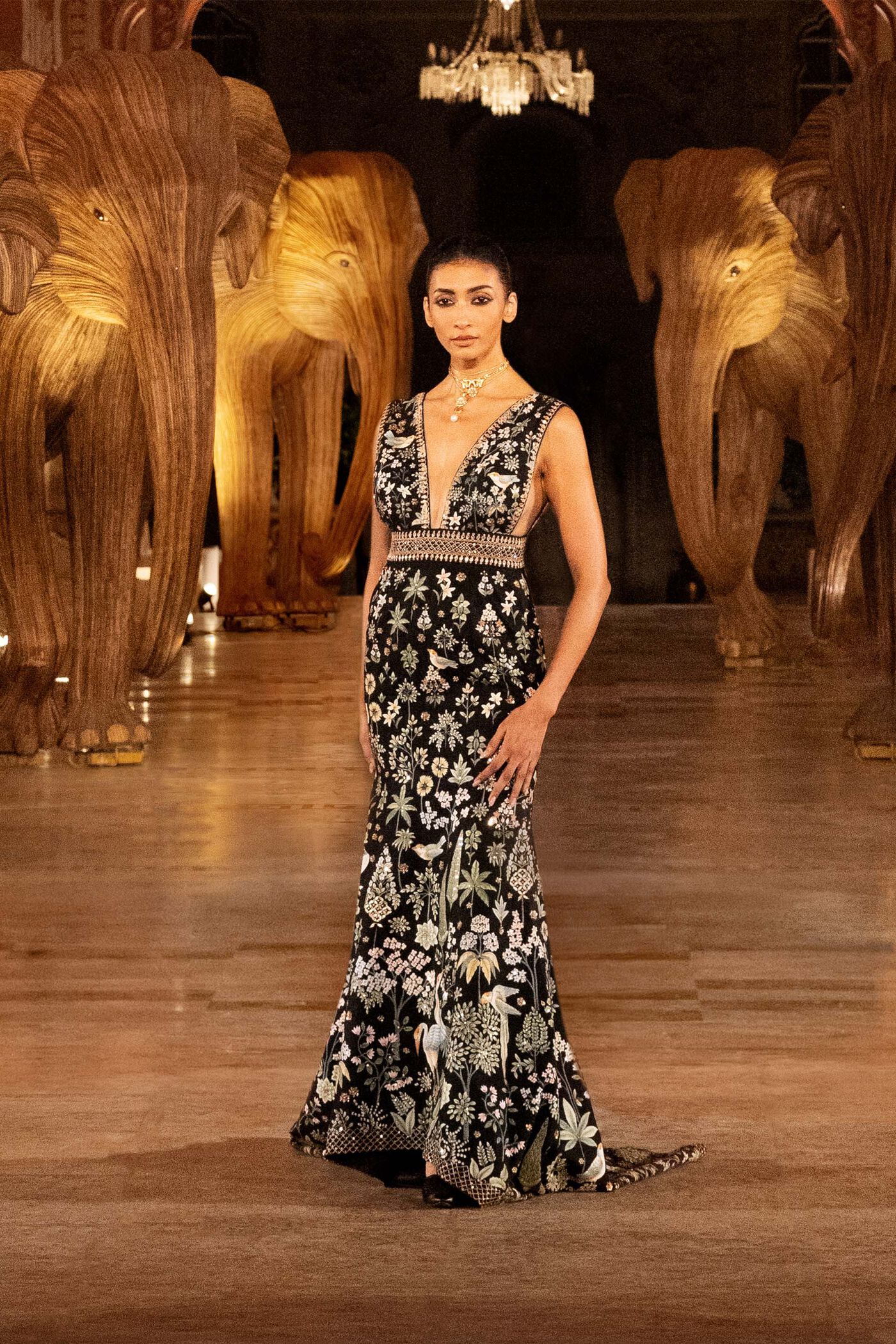 Magic Of The Evergreen Forest Hand-painted Pichhwai Silk Gown - Black Magic Of The Evergreen Forest Hand-painted Pichhwai Silk Gown - Black
