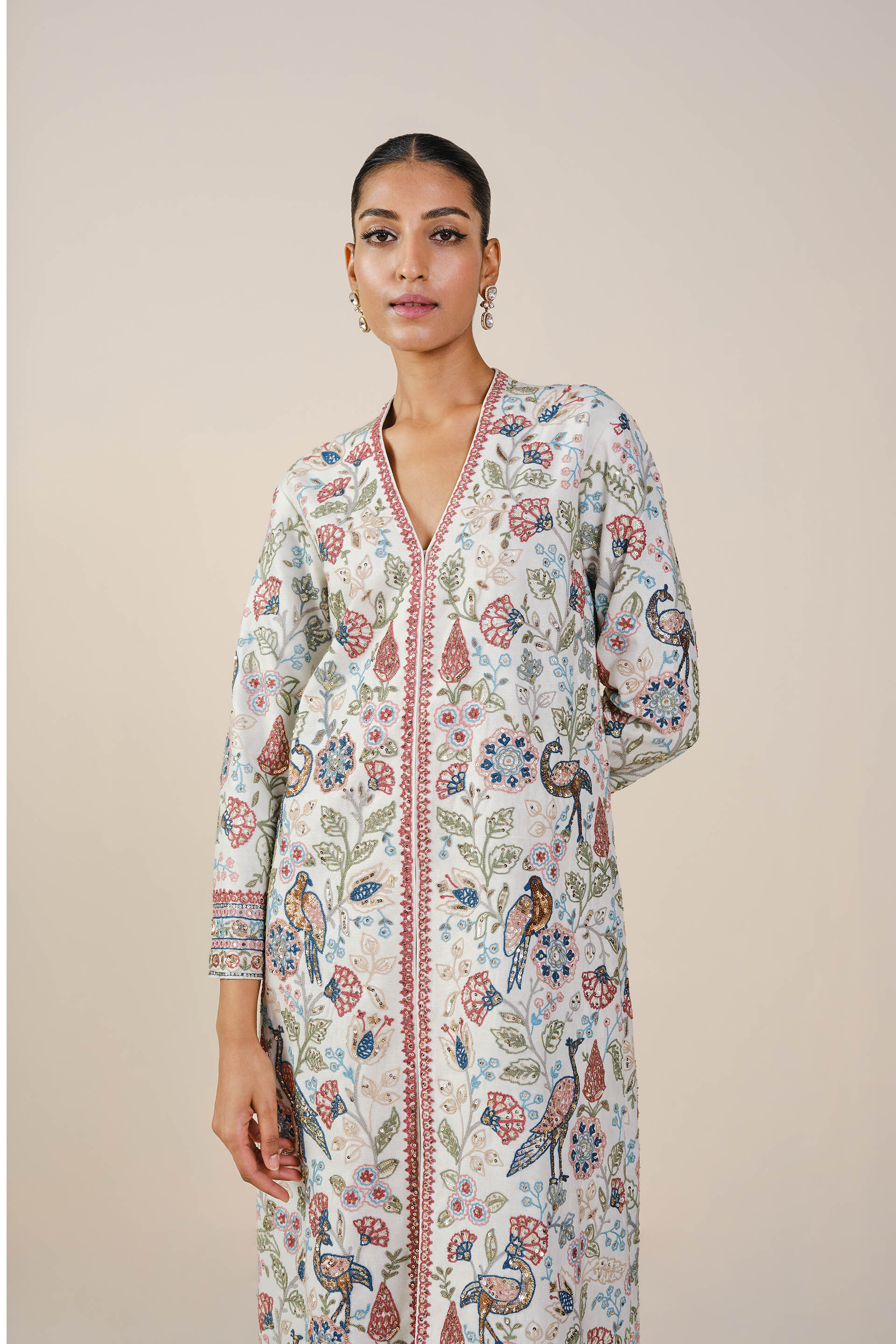 Paradise Of Flowers SEWA Hand-embroidered Silk Jacket Set - Ivory, Ivory, image 4