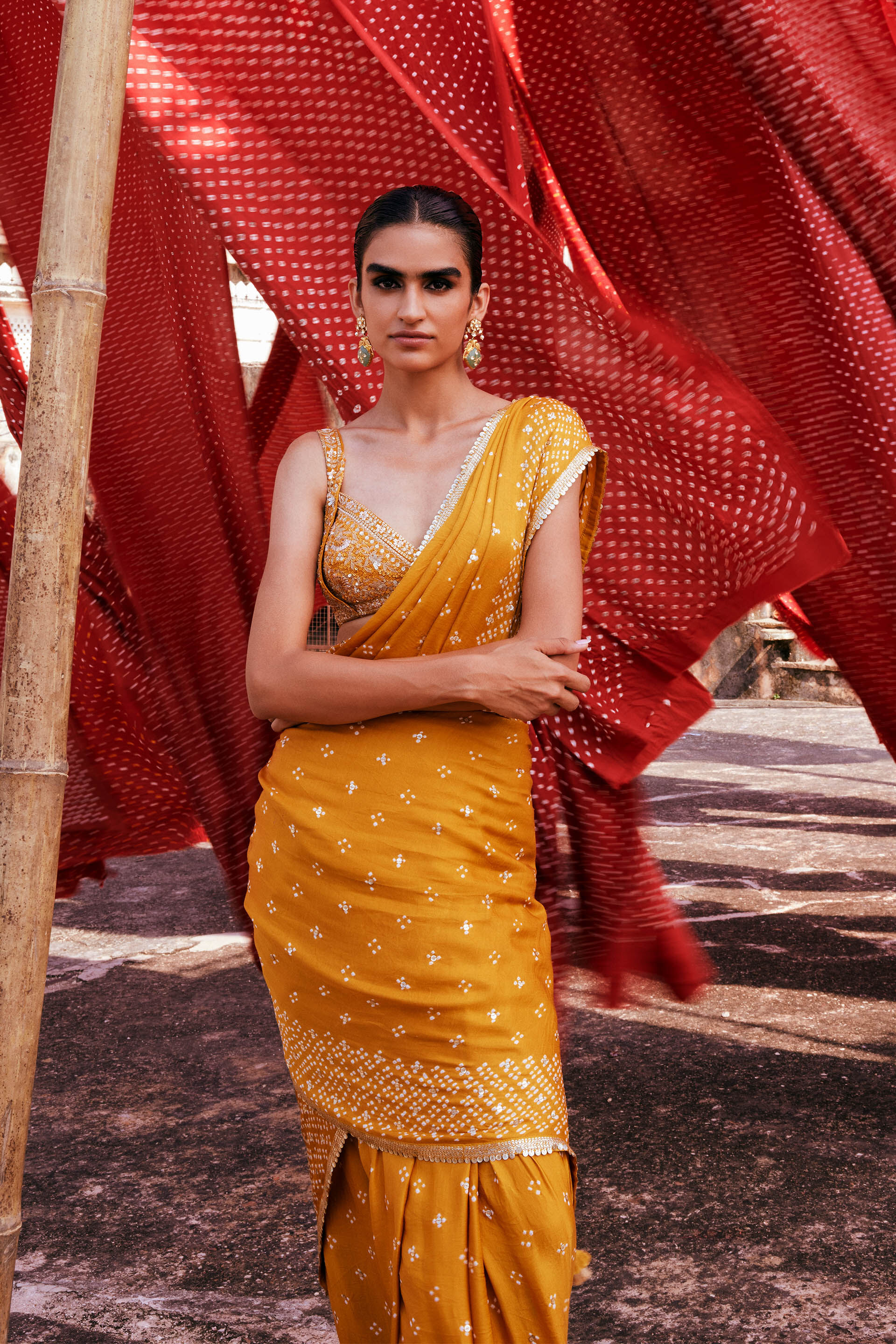 Bahi Handcrafted Bandhani Silk Saree - Mustard, Mustard, image 2