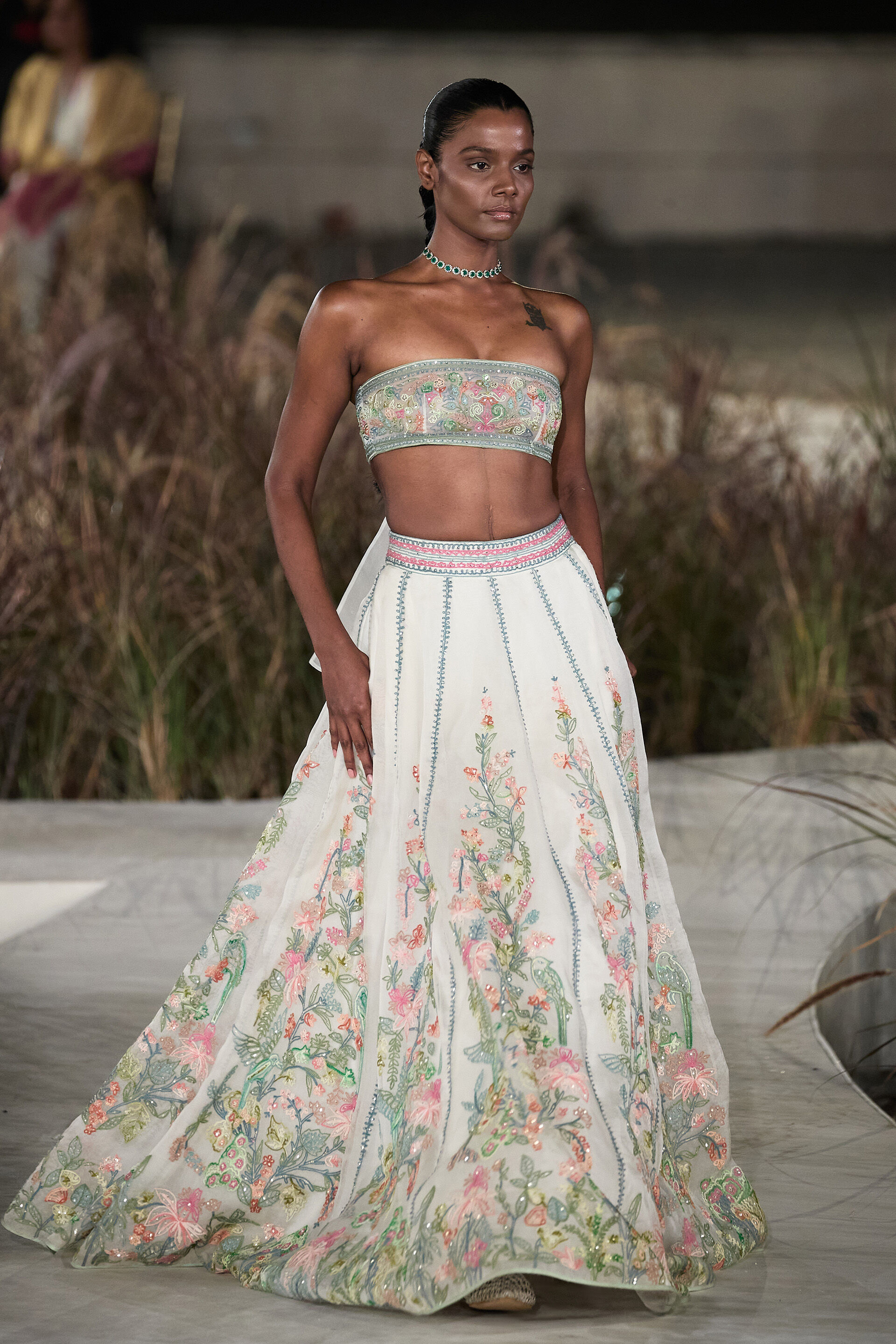 Shawnis Hand-embroidered SEWA Silk Skirt Set - Ivory