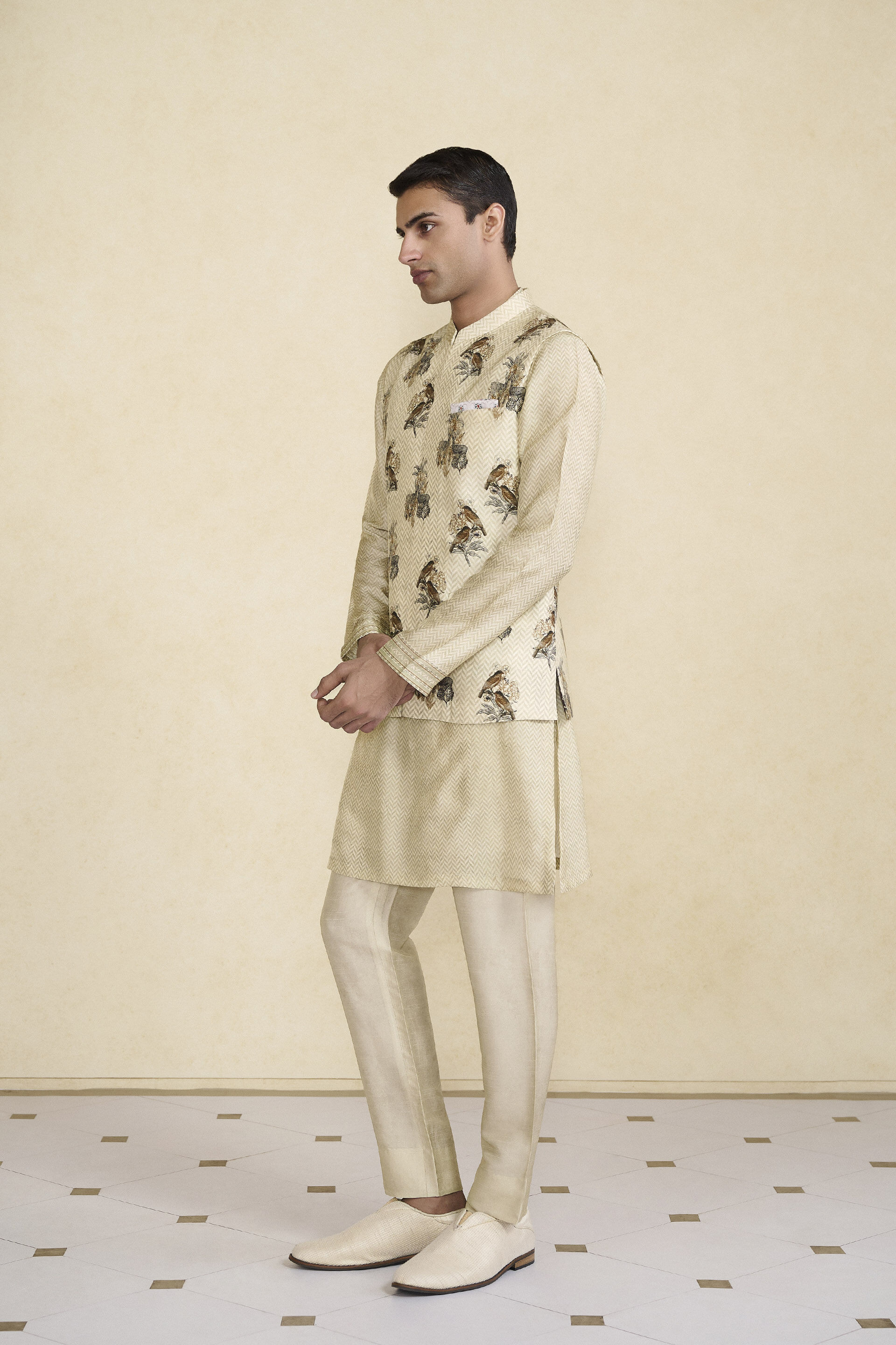 Krushan Printed Silk Nehru Jacket - Beige, Beige, image 3