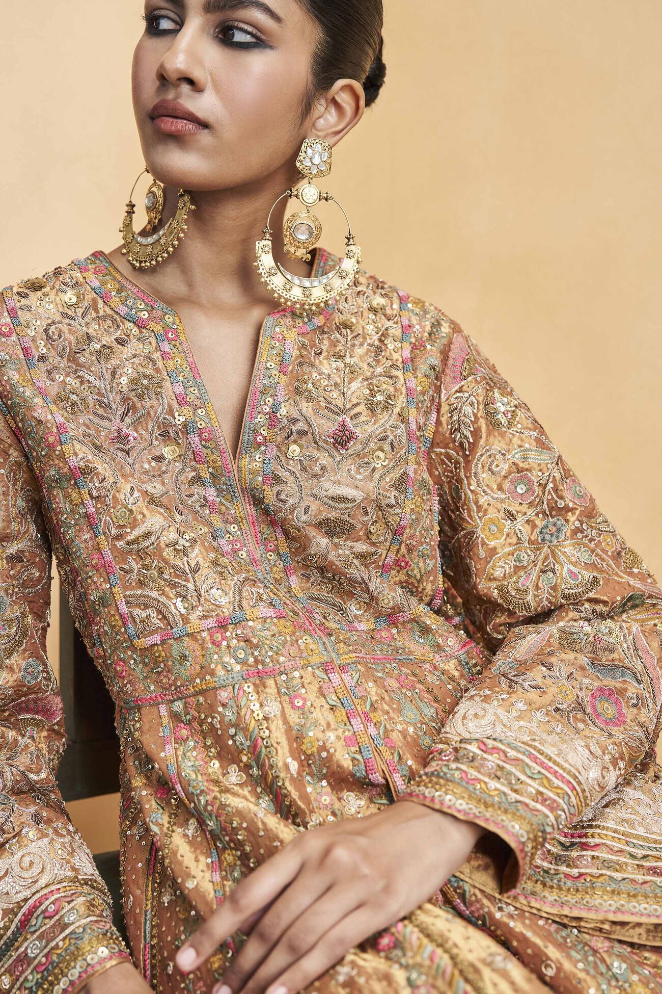 Magic Of The Gleaming Sunrays Embroidered Zardozi Sharara Set - Copper, Gold, image 4