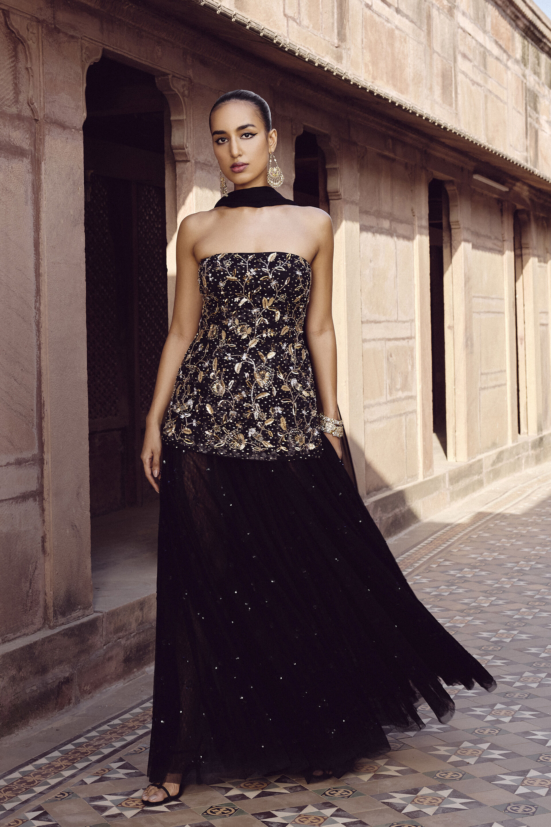 Adrima Embroidered Skirt Set - Black