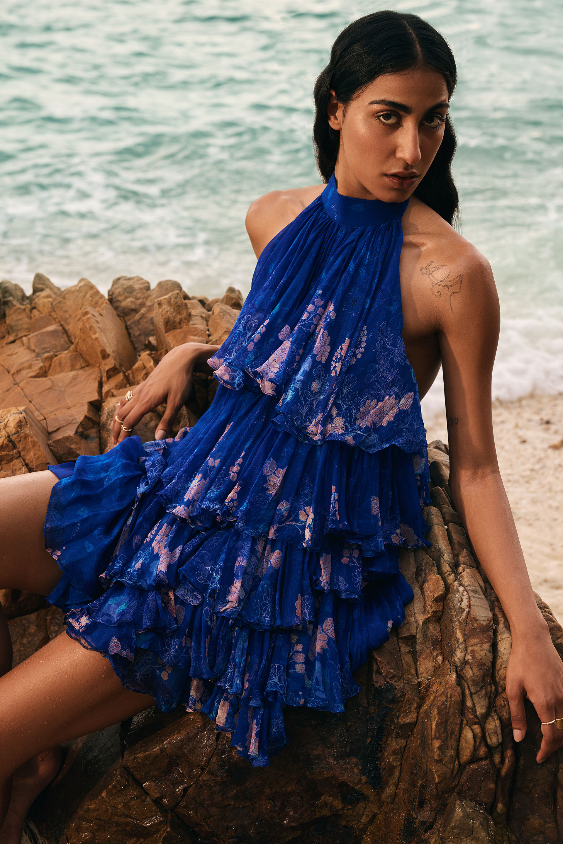 Onirique Bemberg Chiffon Tiered Dress Blue
