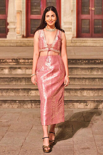 Serenading Blooms Benarasi Silk Gota Patti Skirt Set - Pink, , image 1