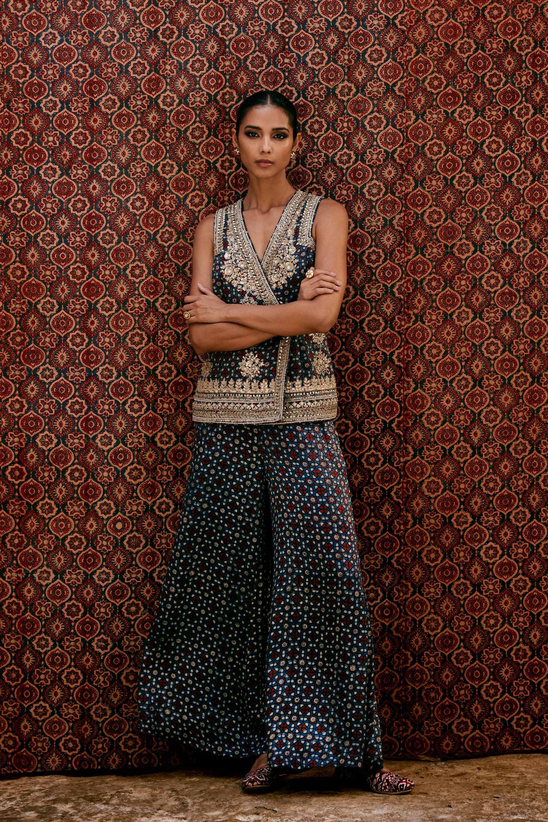 Bahada Ajrakh Hand-block Printed Silk Palazzo Set - Blue, Blue, image 3