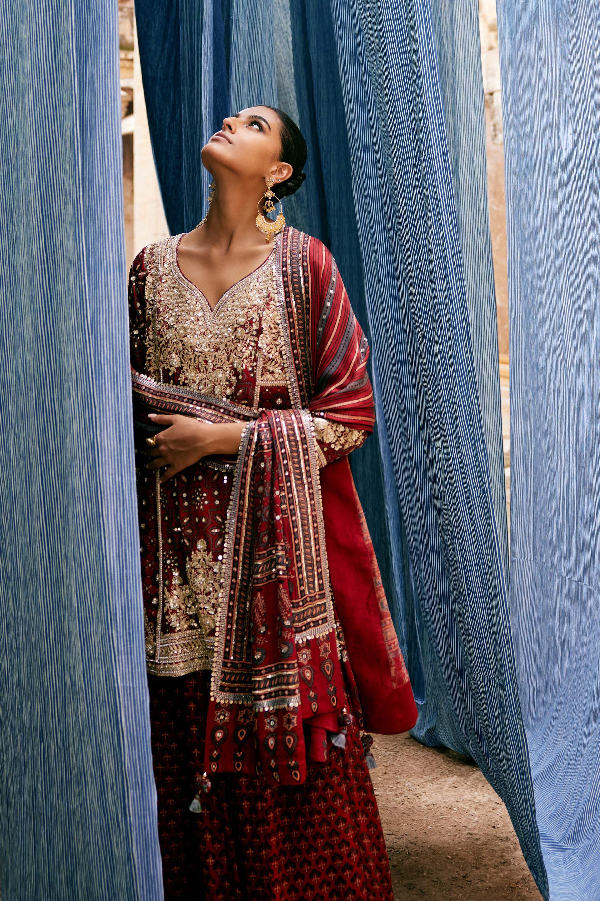 Kirsa Ajrakh Hand-block Printed Silk Sharara Set - Red, Red, image 3