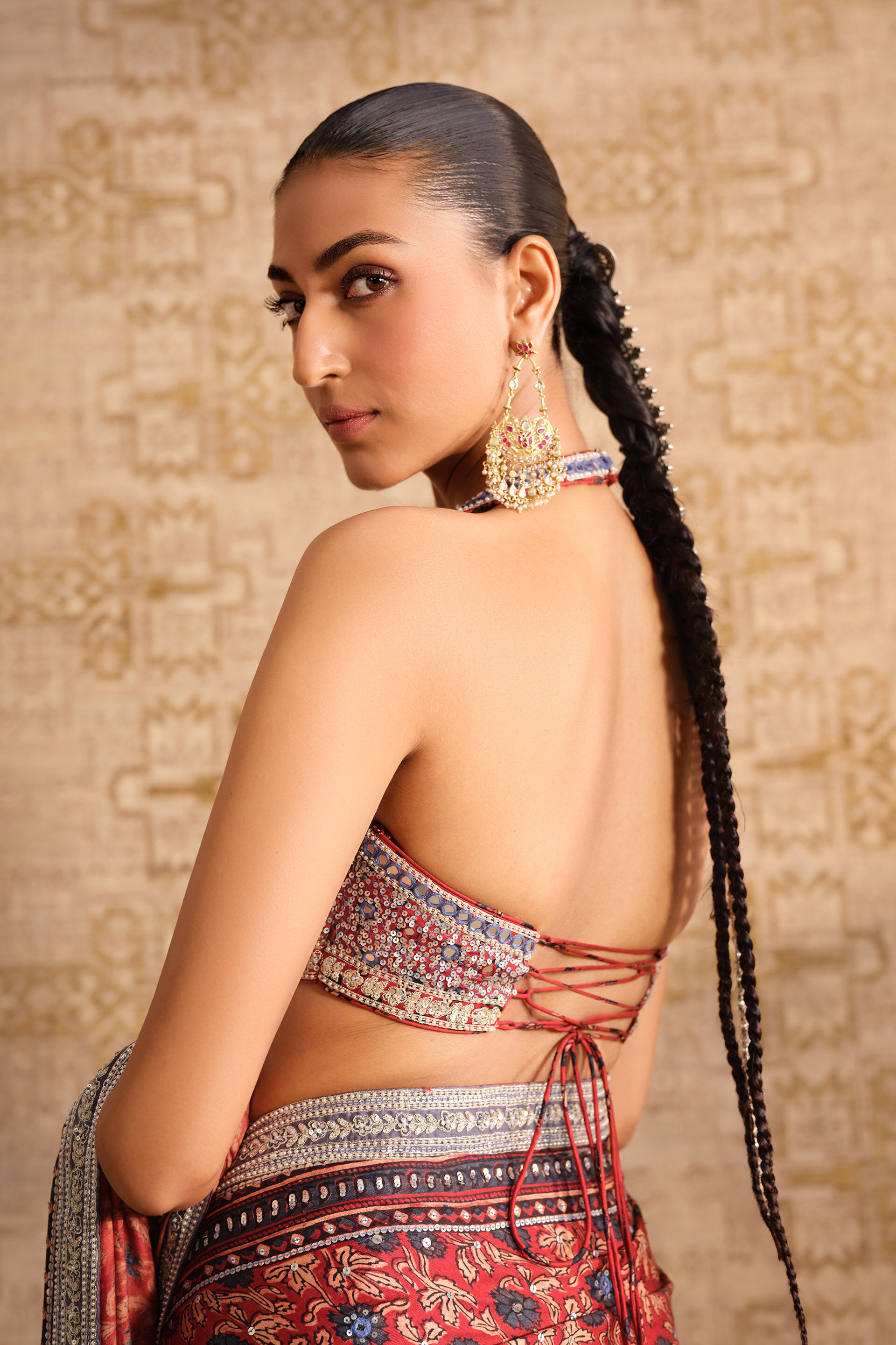 Grisha Embroidered Ajrakh Hand-block Printed Silk Choli - Red